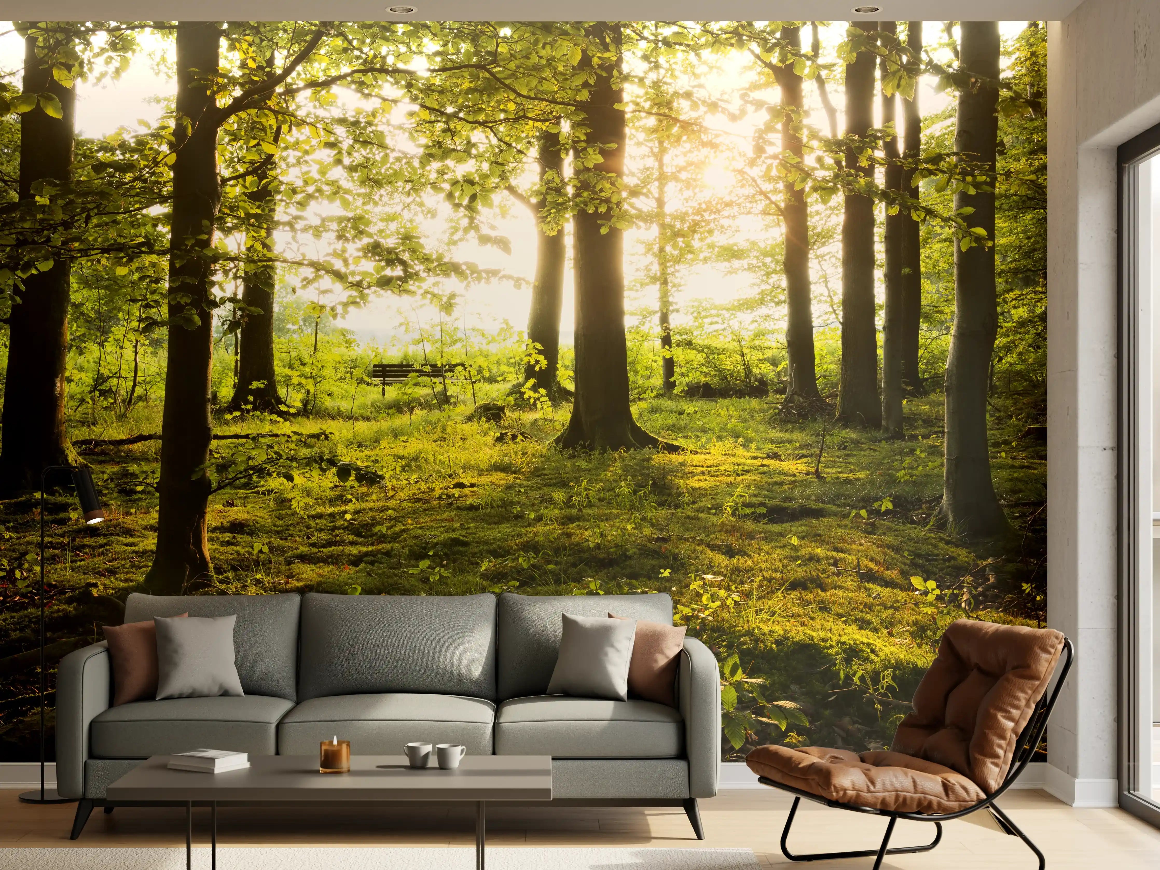 Wandverkleidung Wohnzimmer - Sonnenlicht durch den Wald