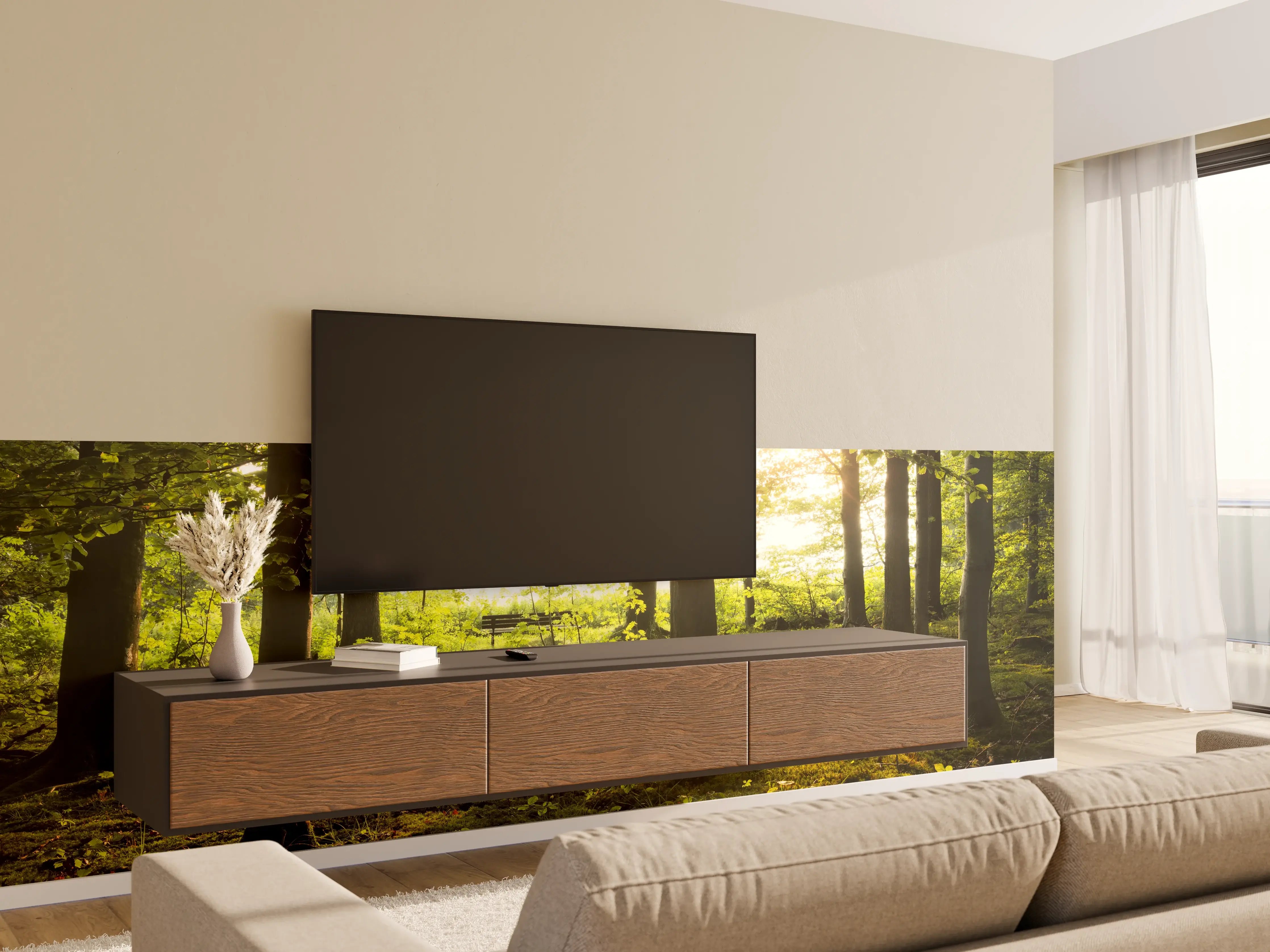Wandverkleidung Wohnzimmer - Sonnenlicht durch den Wald