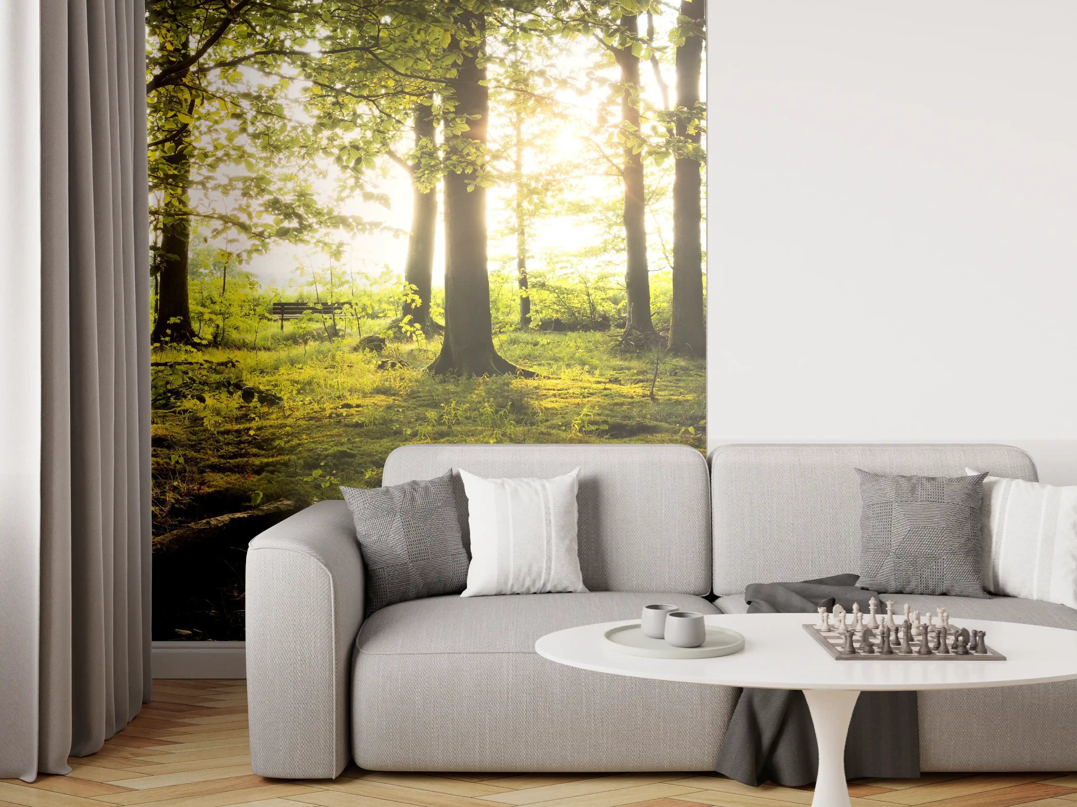 Wandverkleidung Wohnzimmer - Sonnenlicht durch den Wald