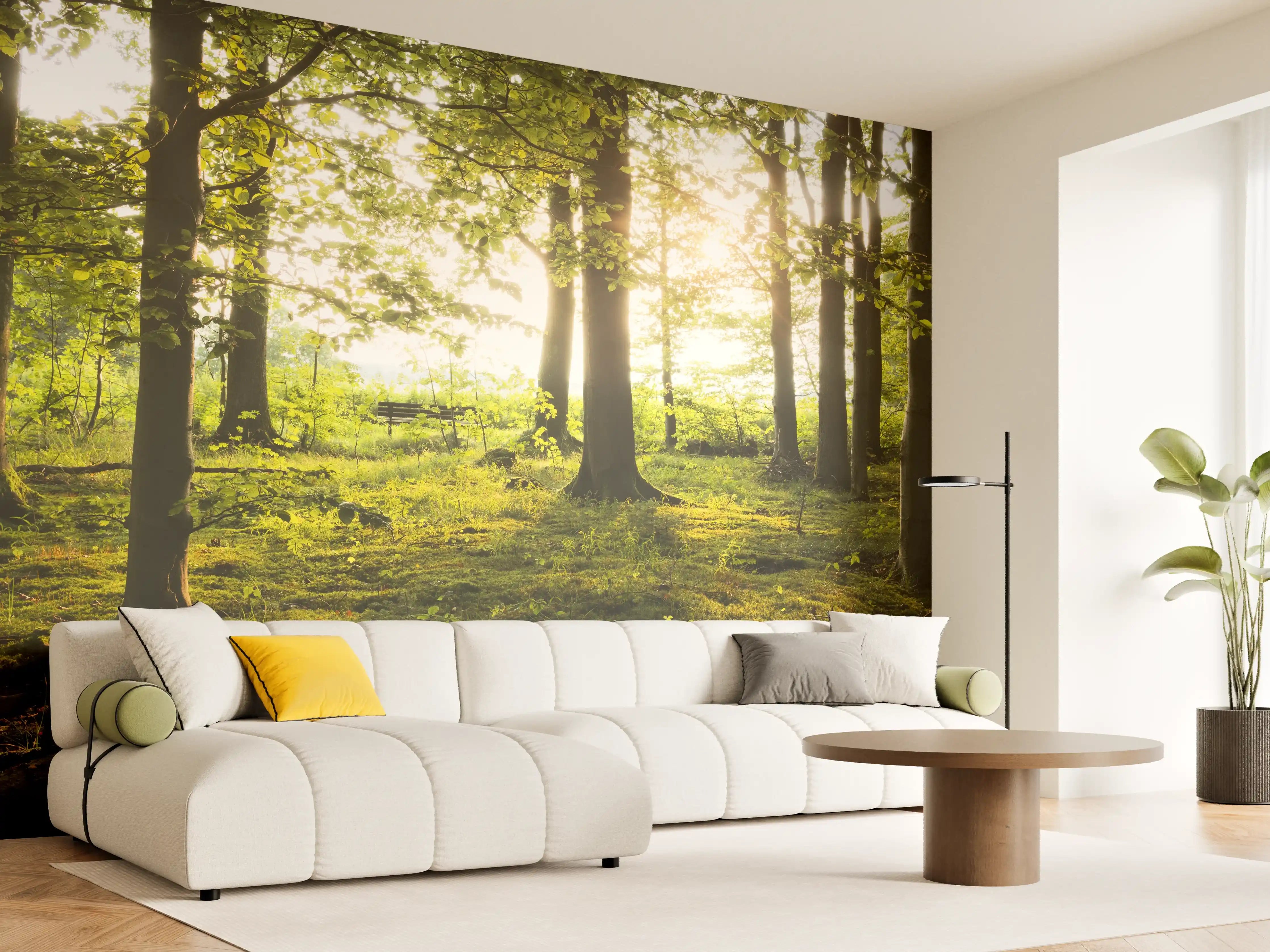 Wandverkleidung Wohnzimmer - Sonnenlicht durch den Wald
