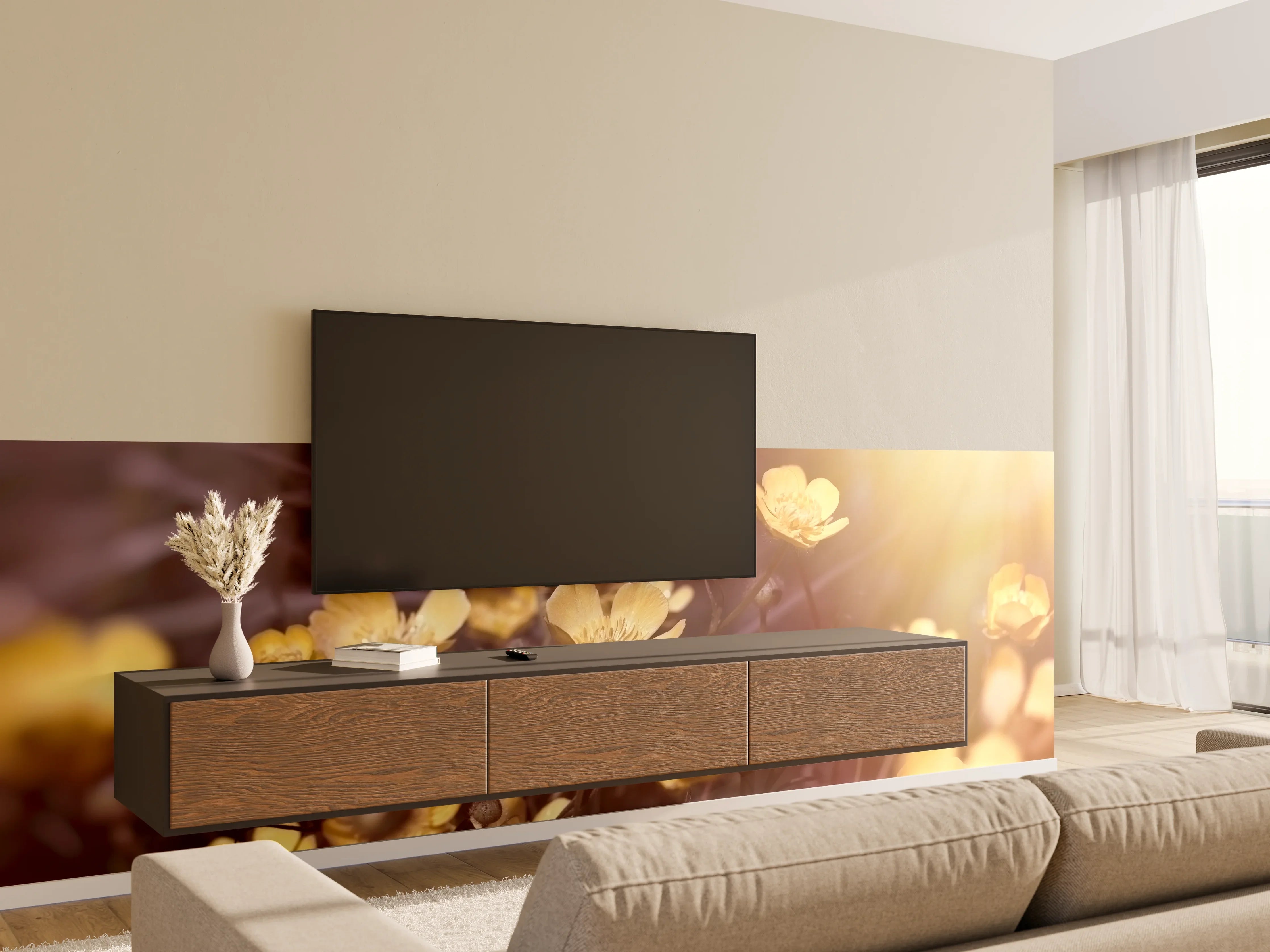 Wandverkleidung Wohnzimmer - Sonnenlicht über gelben Blumen – Natürliche Schönheit