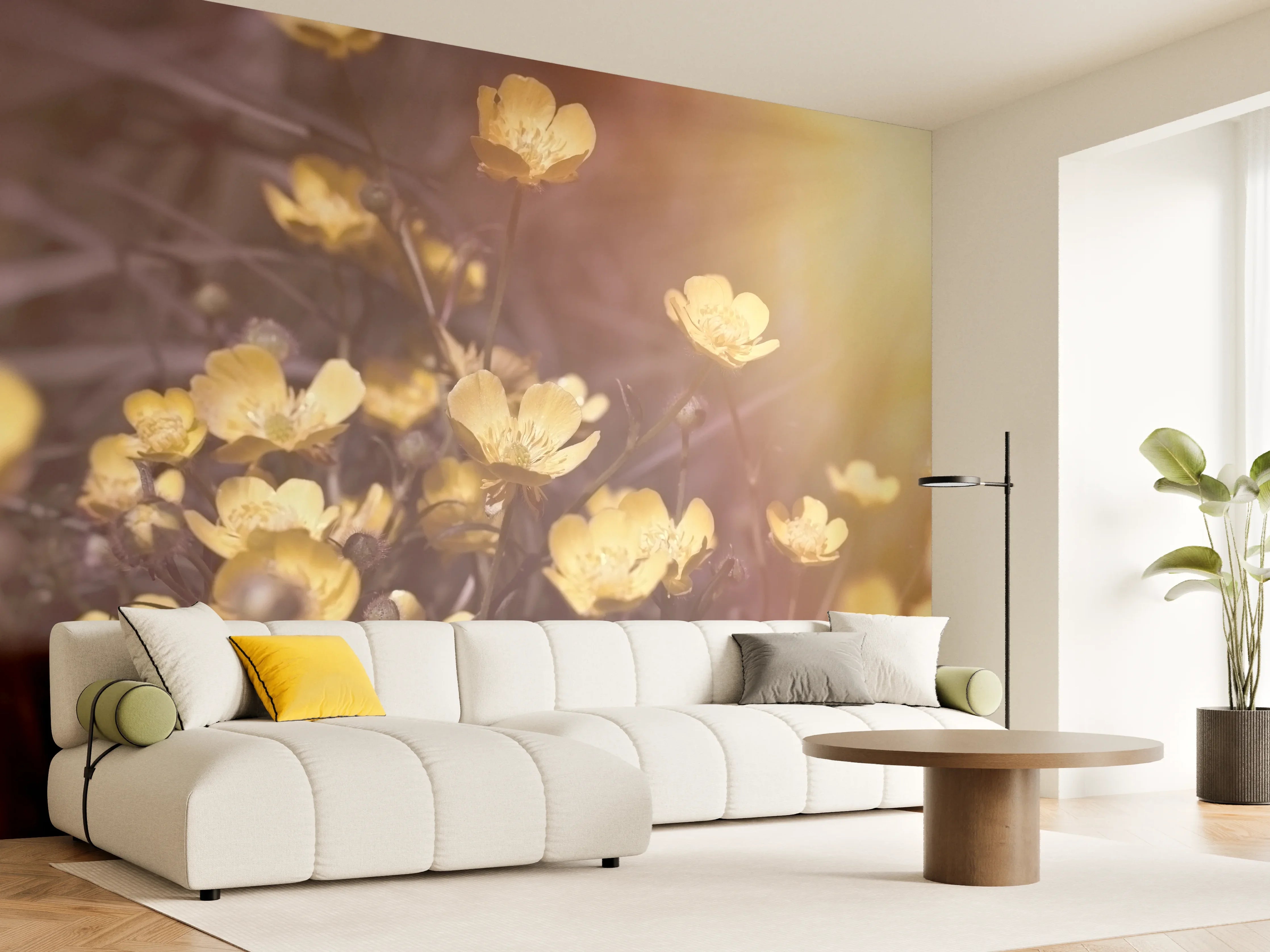 Wandverkleidung Wohnzimmer - Sonnenlicht über gelben Blumen – Natürliche Schönheit