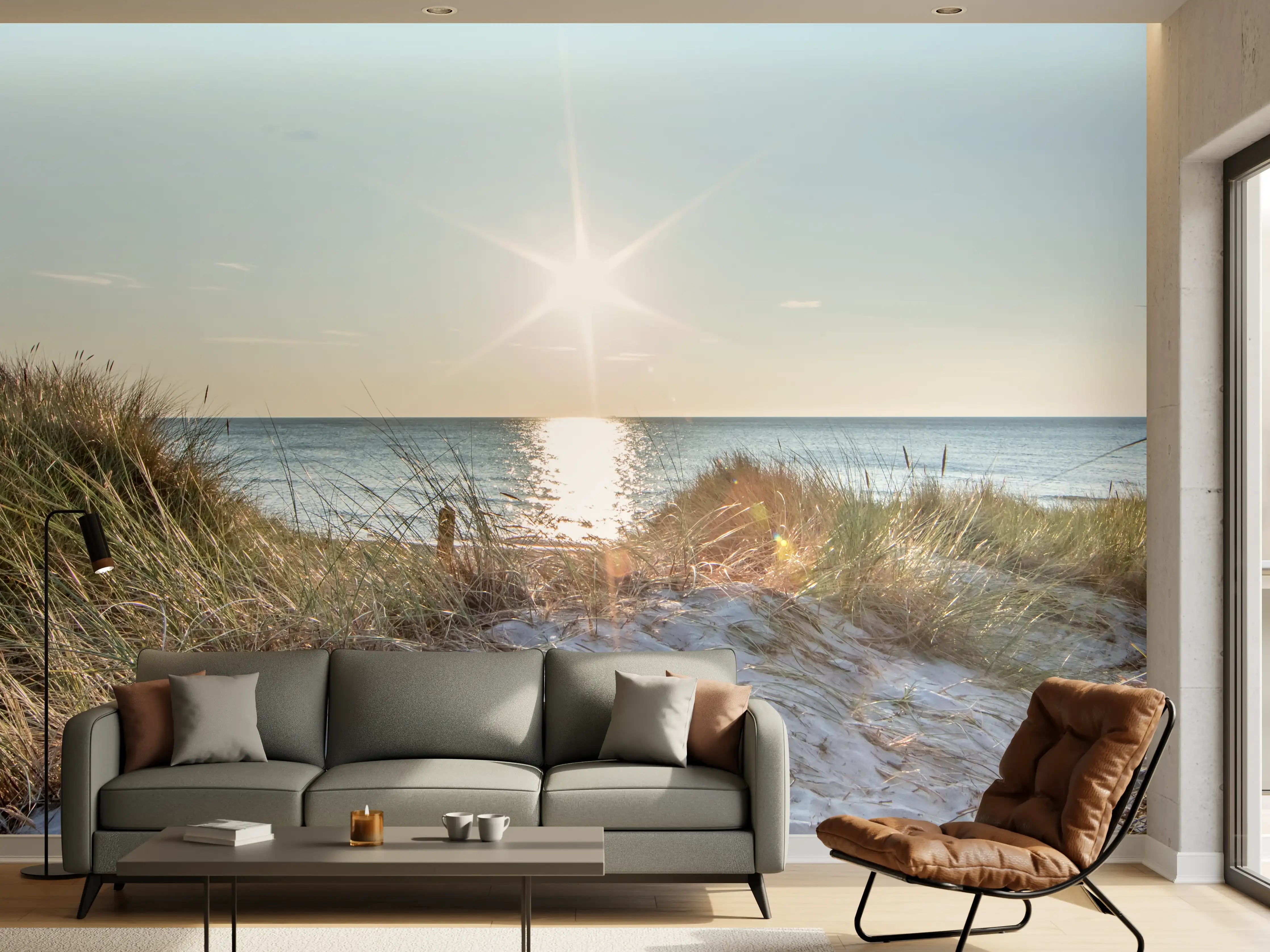 Wandverkleidung Wohnzimmer - Sonnenstrahl über dem Meer mit Sanddünen
