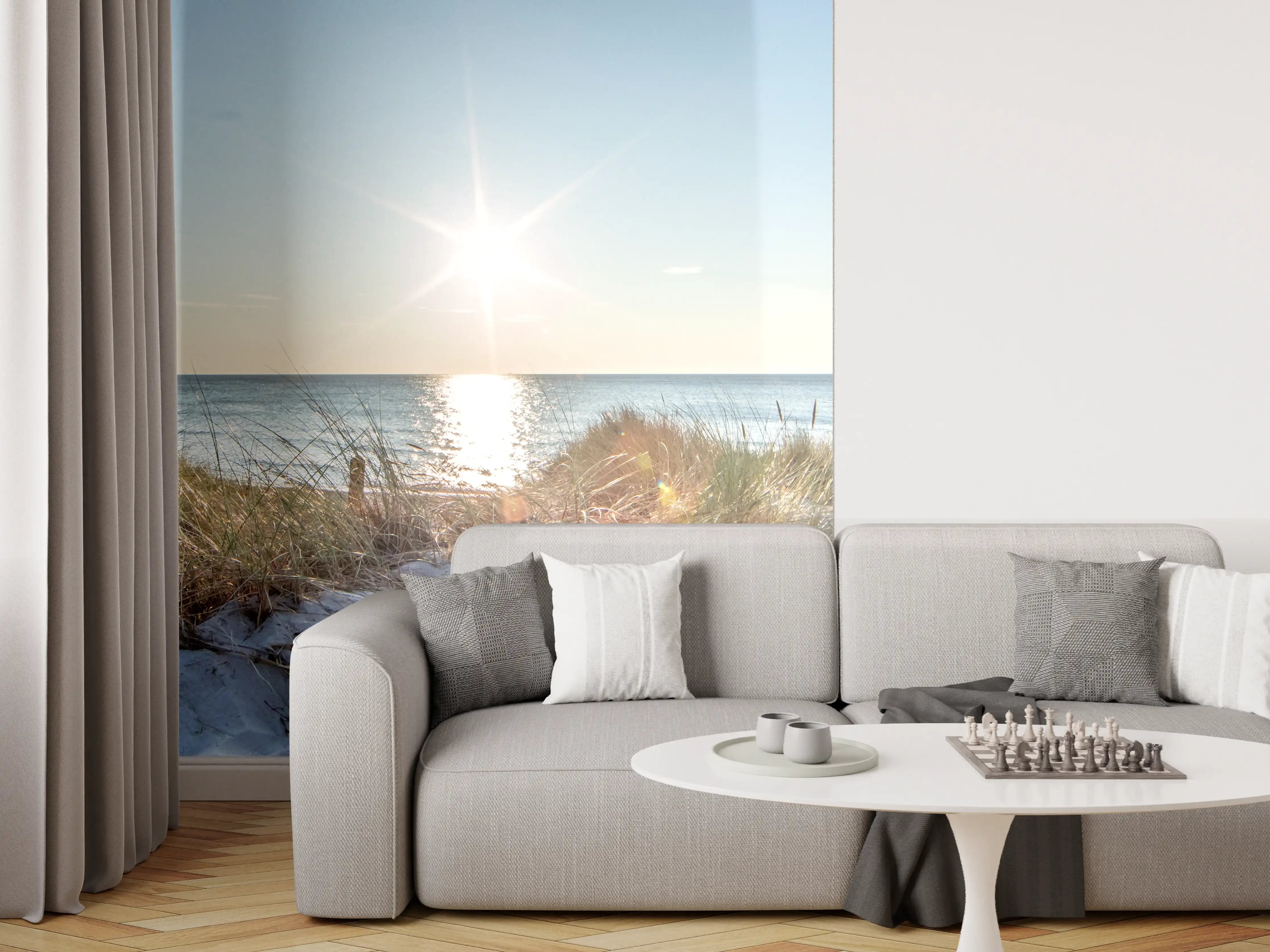 Wandverkleidung Wohnzimmer - Sonnenstrahl über dem Meer mit Sanddünen