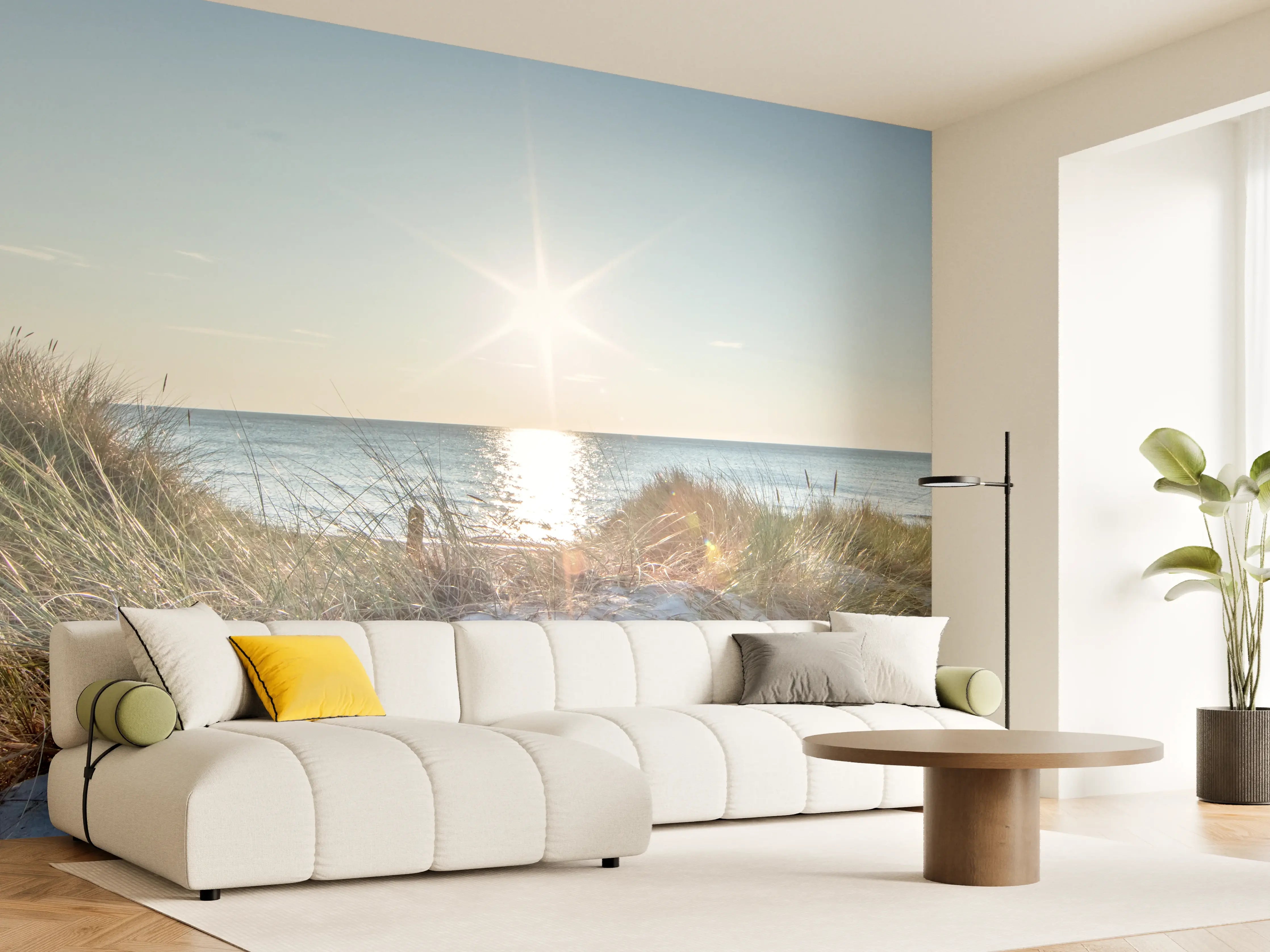 Wandverkleidung Wohnzimmer - Sonnenstrahl über dem Meer mit Sanddünen