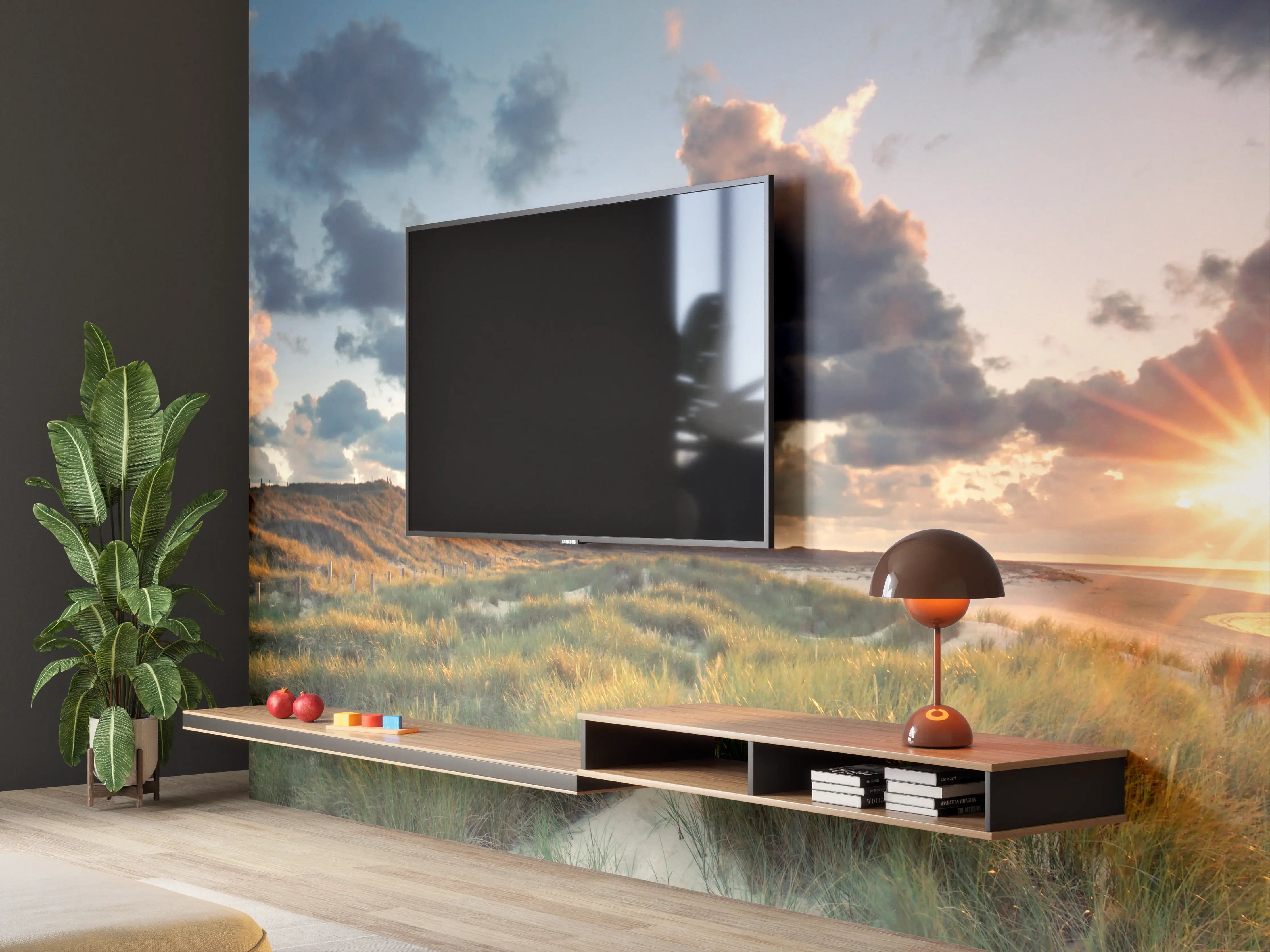 Wandverkleidung Wohnzimmer - Sonnenuntergang am Leuchtturm an der Küste