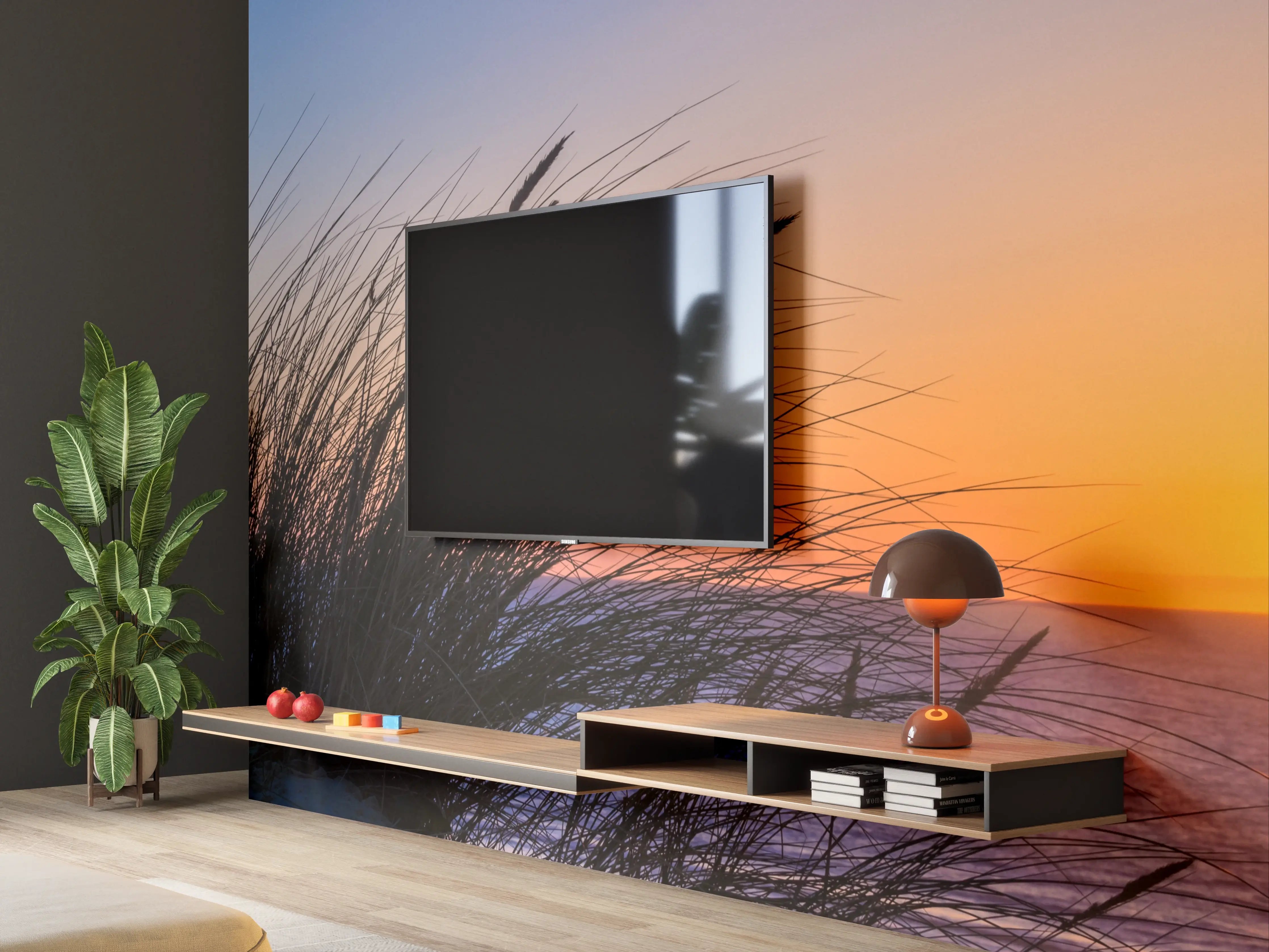 Wandverkleidung Wohnzimmer - Sonnenuntergang am Meer mit Gräsern
