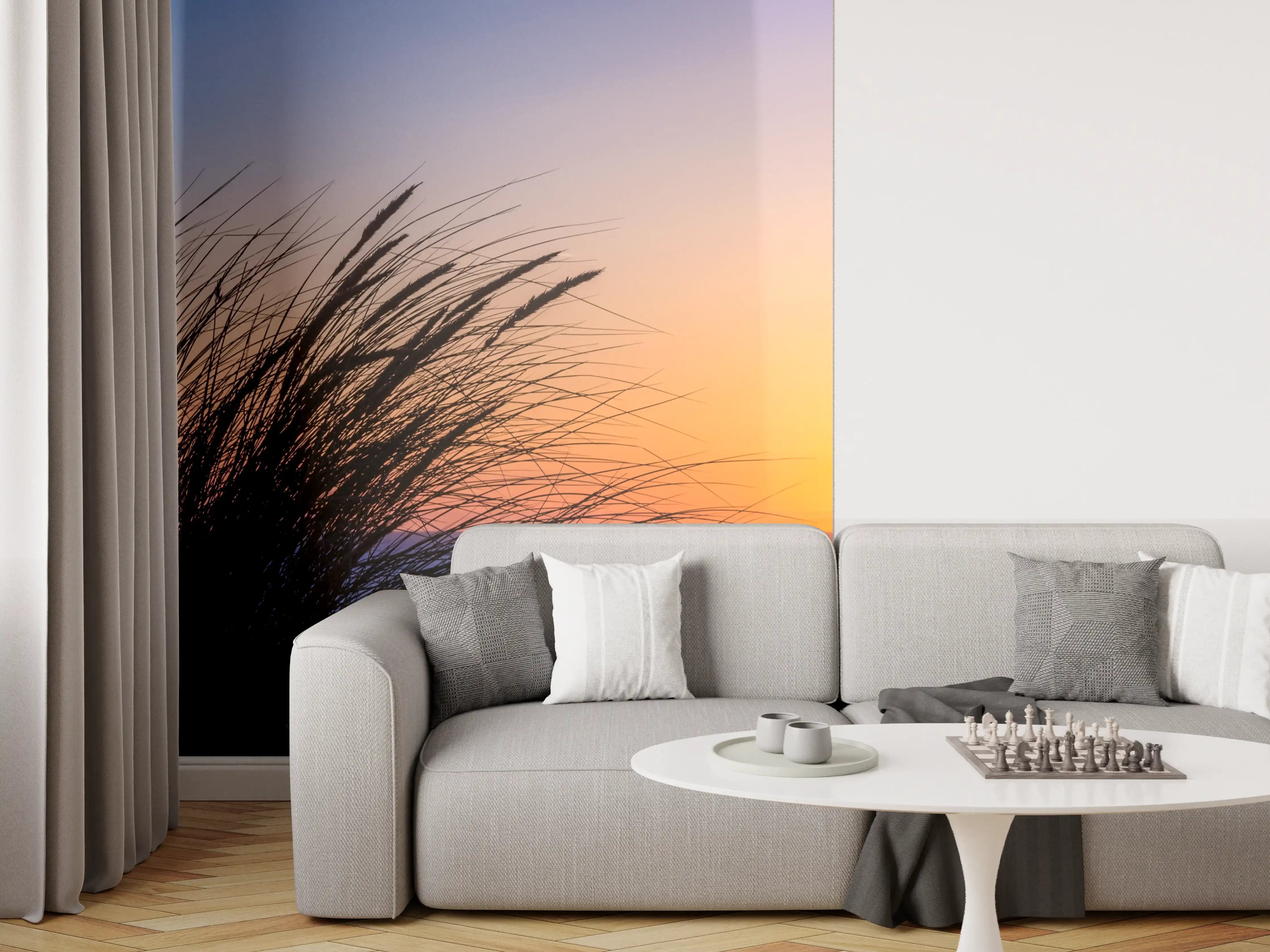 Wandverkleidung Wohnzimmer - Sonnenuntergang am Meer mit Gräsern