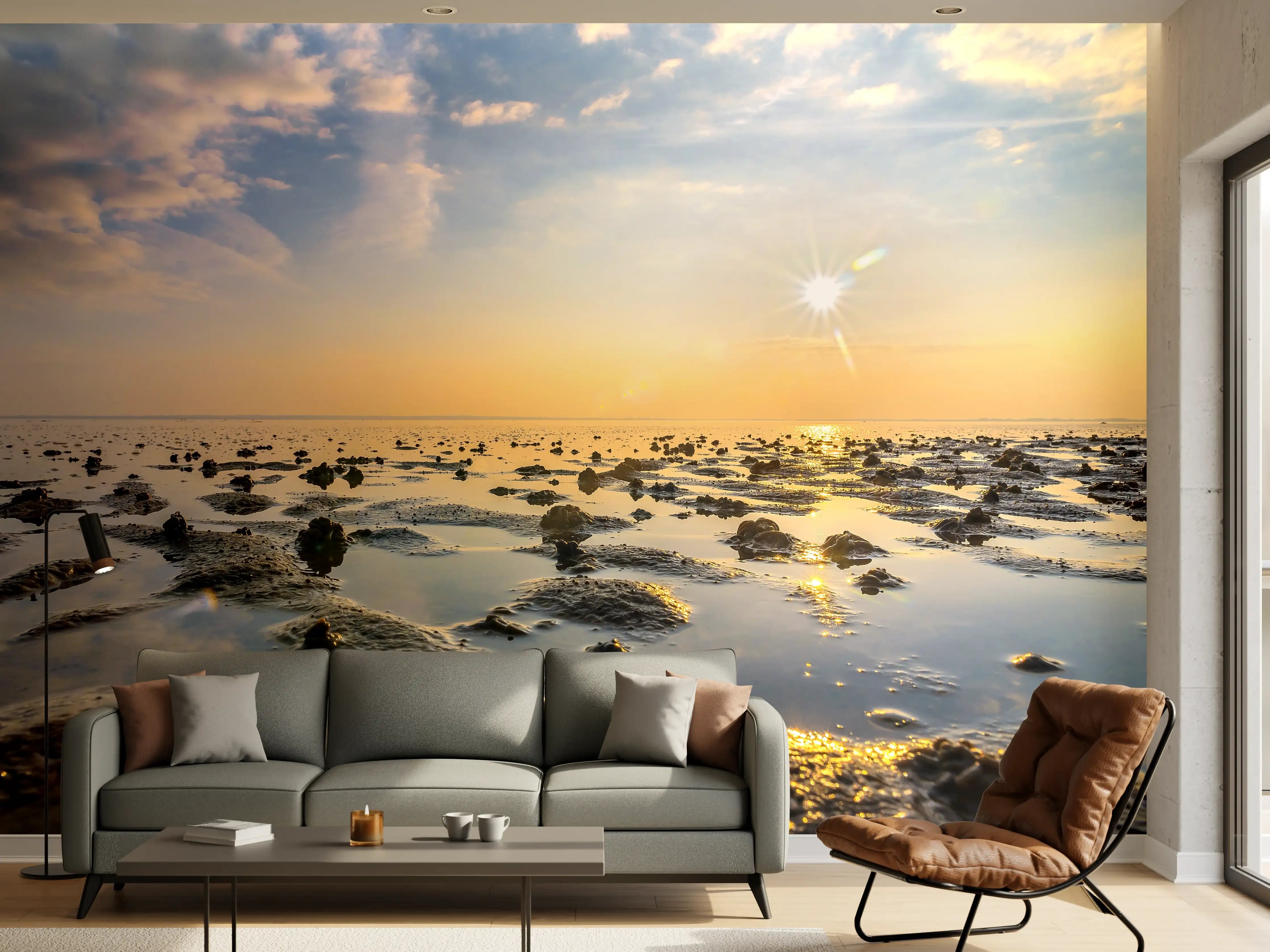 Wandverkleidung Wohnzimmer - Sonnenuntergang am Meeresufer mit Watt