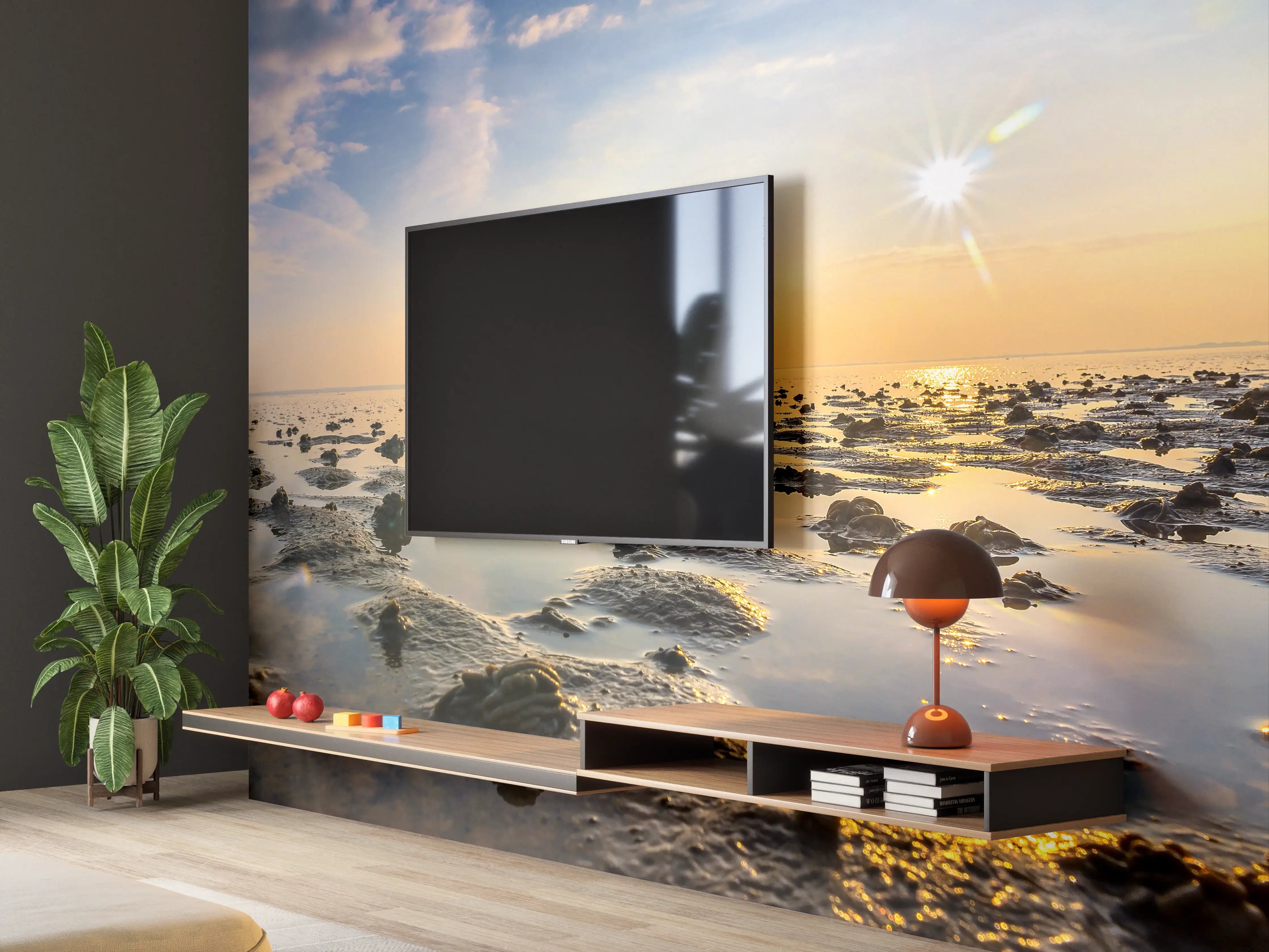 Wandverkleidung Wohnzimmer - Sonnenuntergang am Meeresufer mit Watt