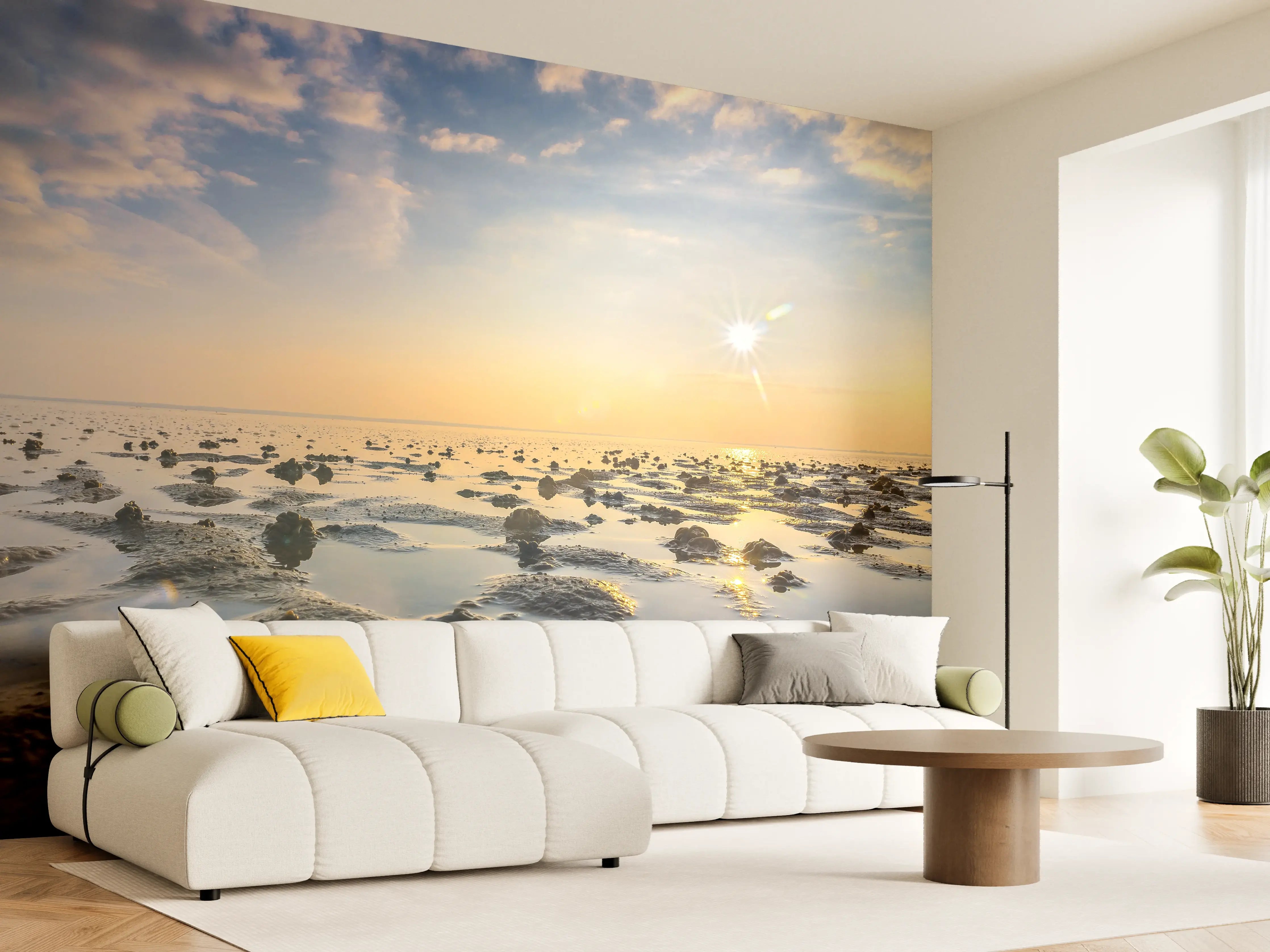 Wandverkleidung Wohnzimmer - Sonnenuntergang am Meeresufer mit Watt