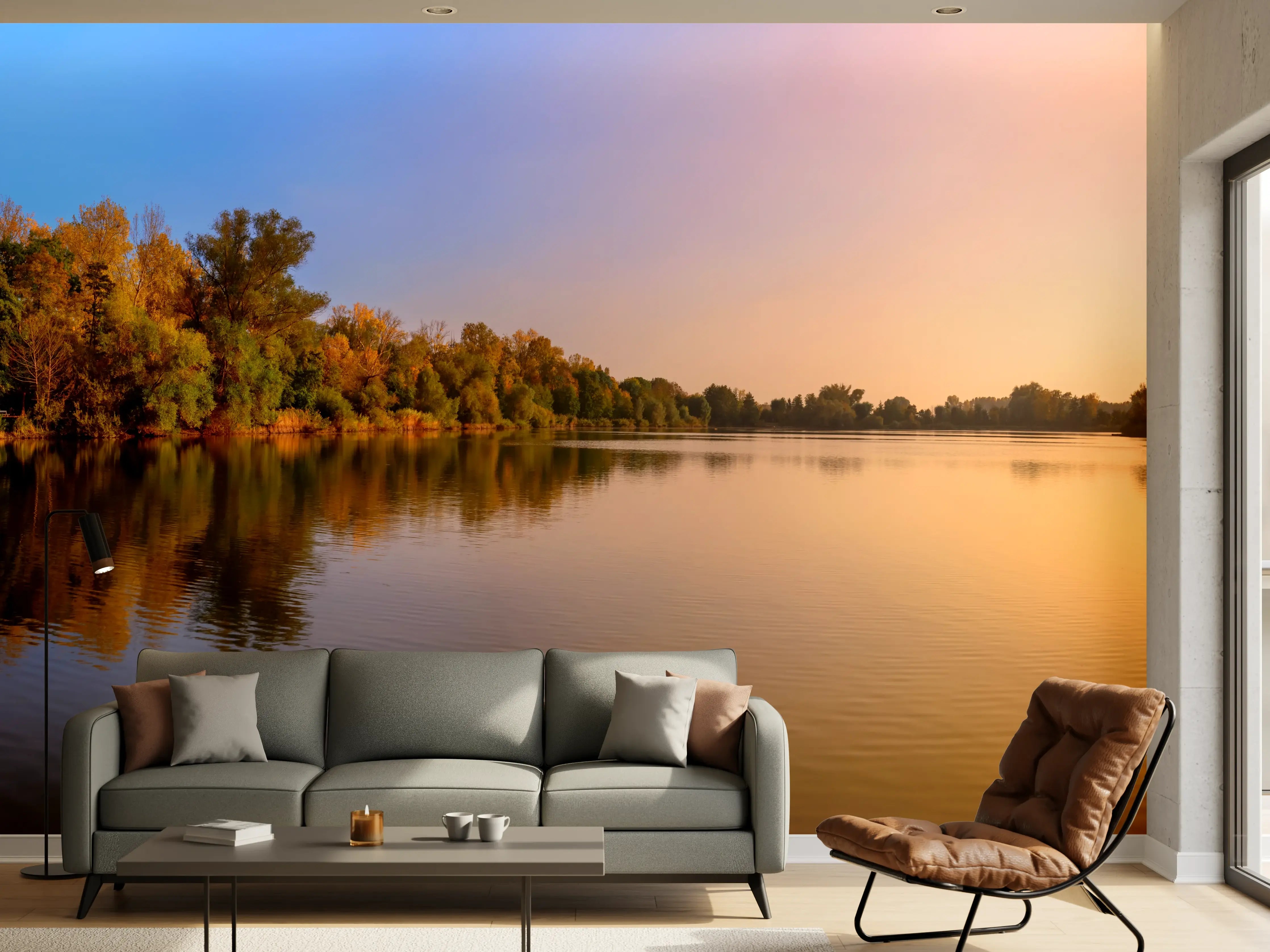 Wandverkleidung Wohnzimmer - Sonnenuntergang am See