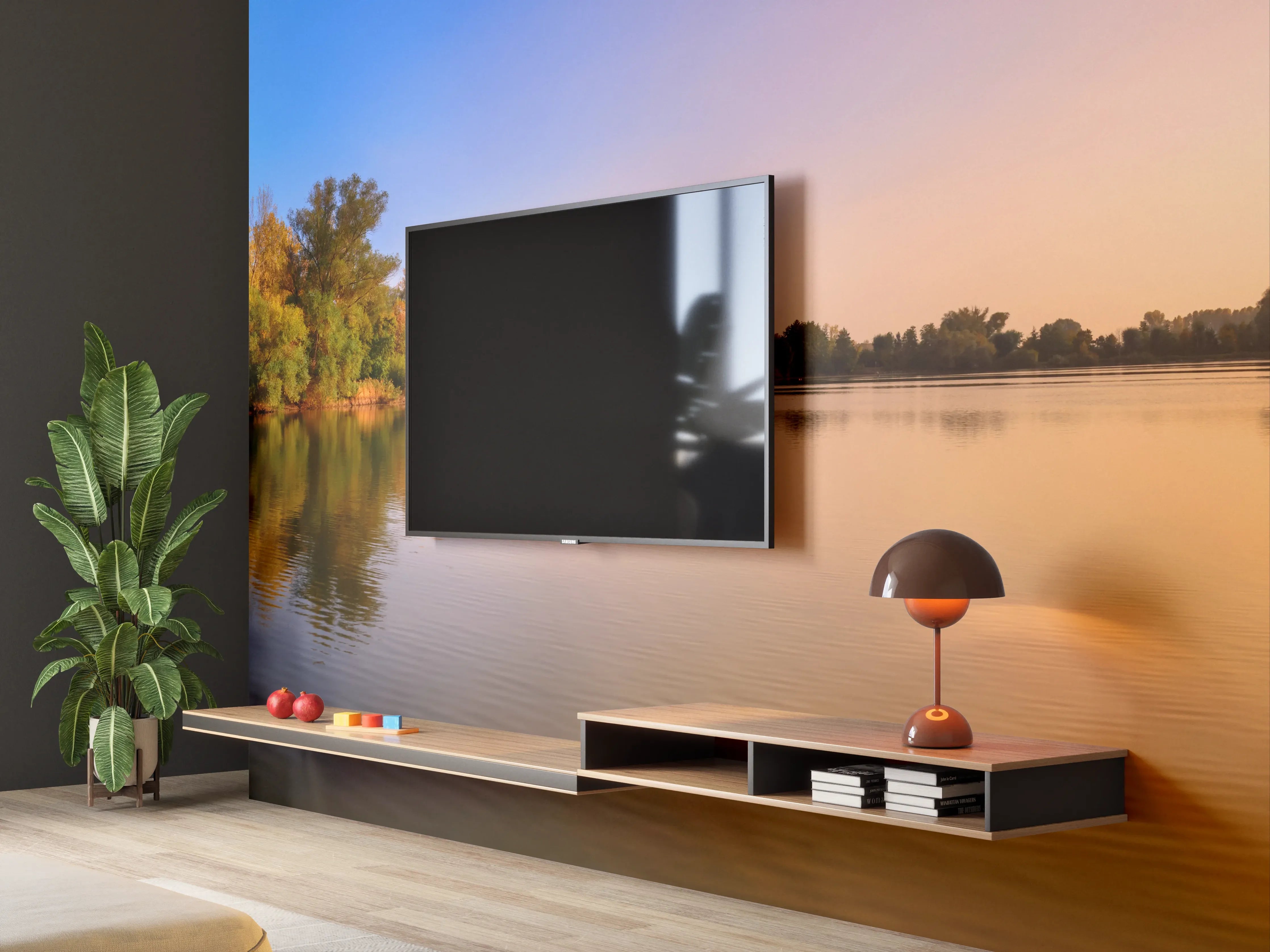 Wandverkleidung Wohnzimmer - Sonnenuntergang am See
