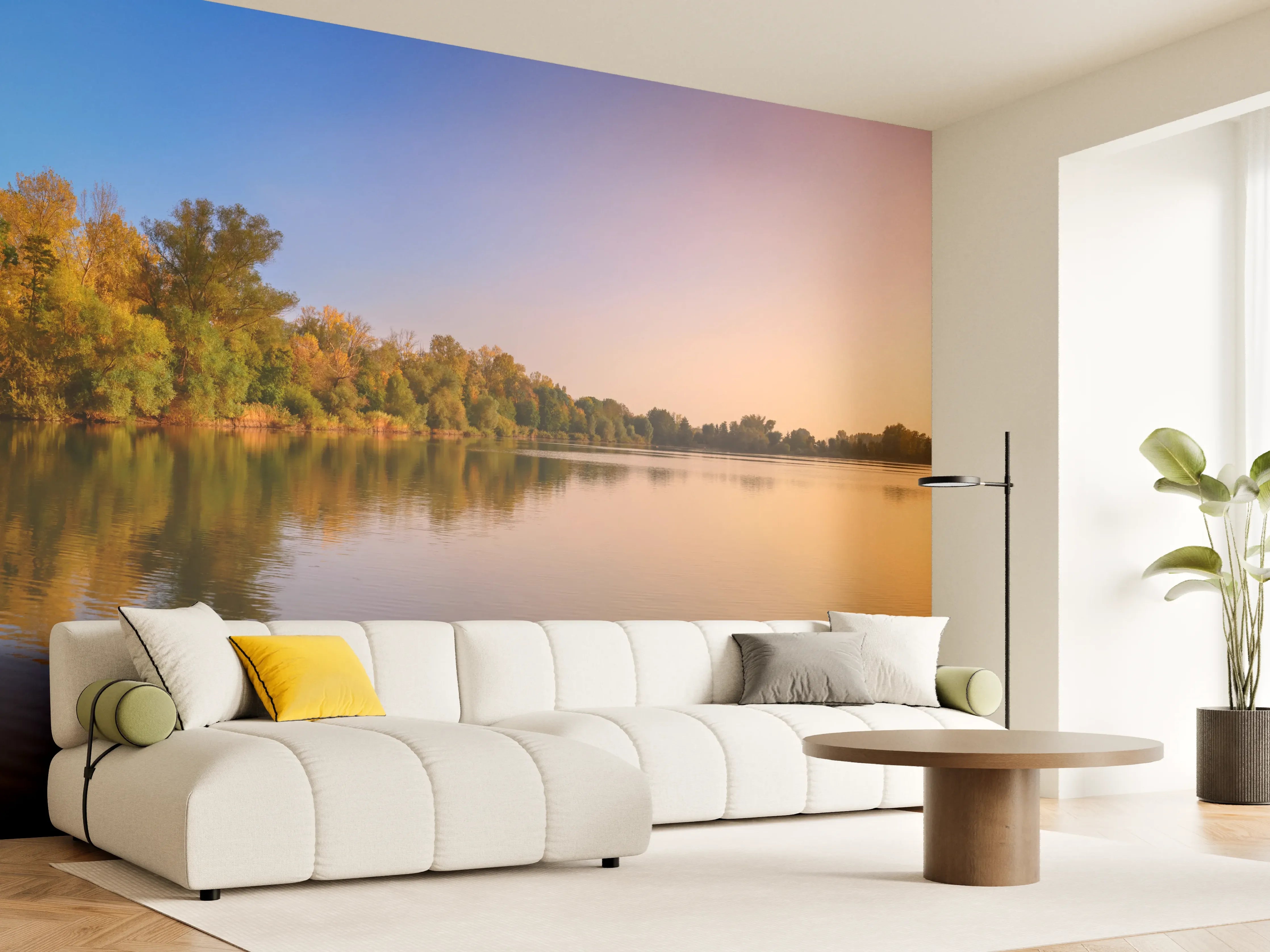 Wandverkleidung Wohnzimmer - Sonnenuntergang am See