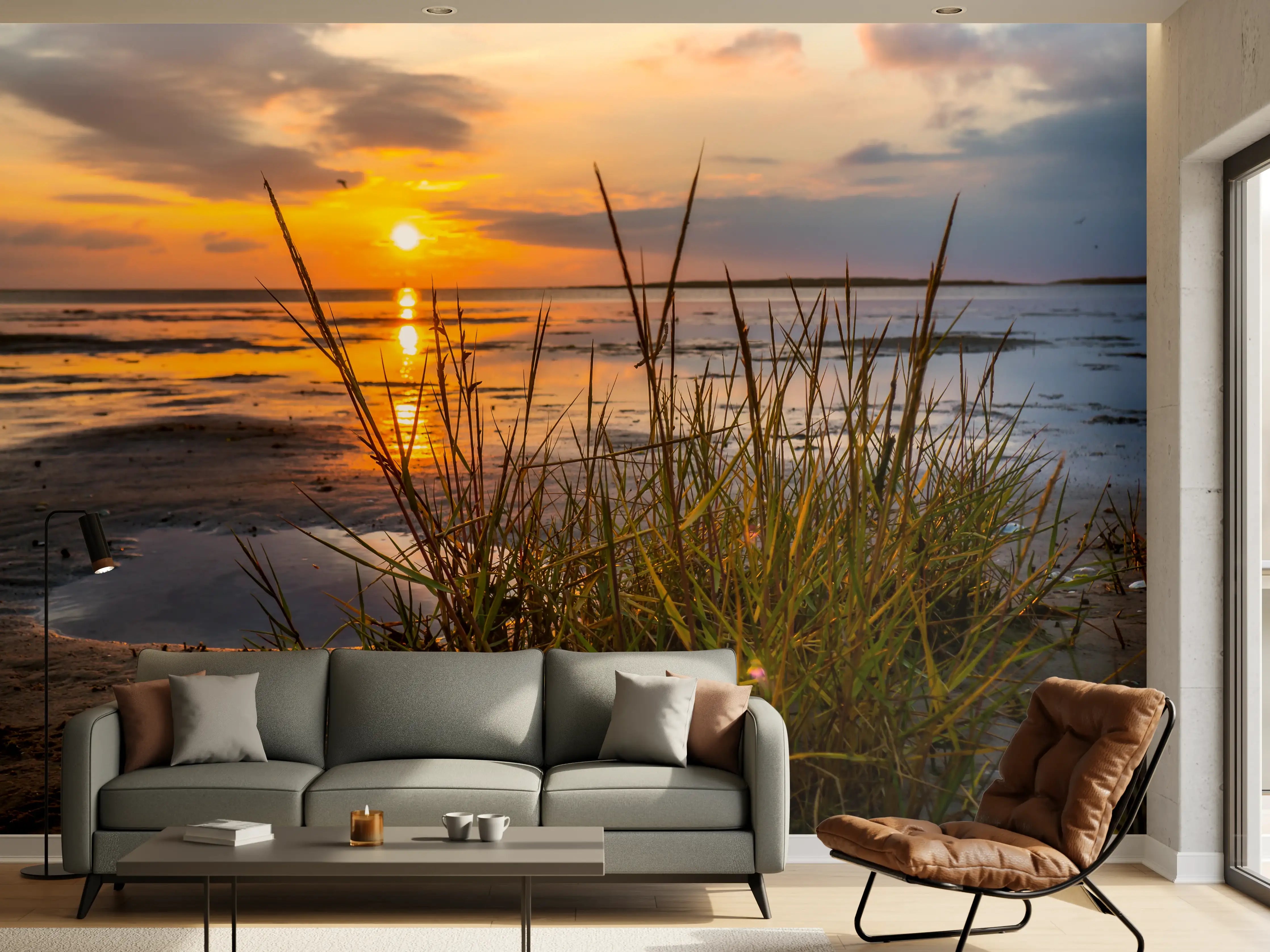 Wandverkleidung Wohnzimmer - Sonnenuntergang am Strand mit Gräsern