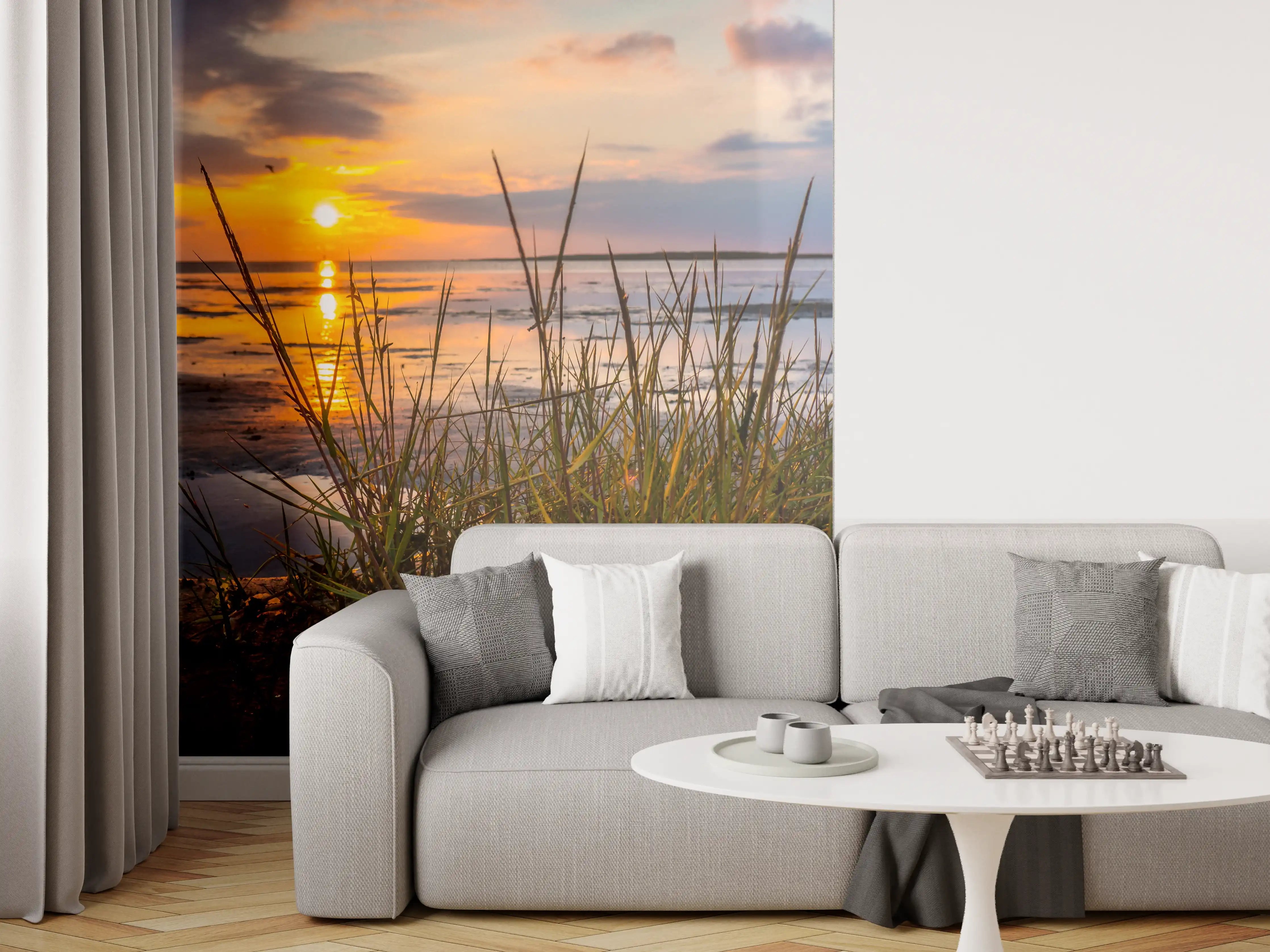 Wandverkleidung Wohnzimmer - Sonnenuntergang am Strand mit Gräsern
