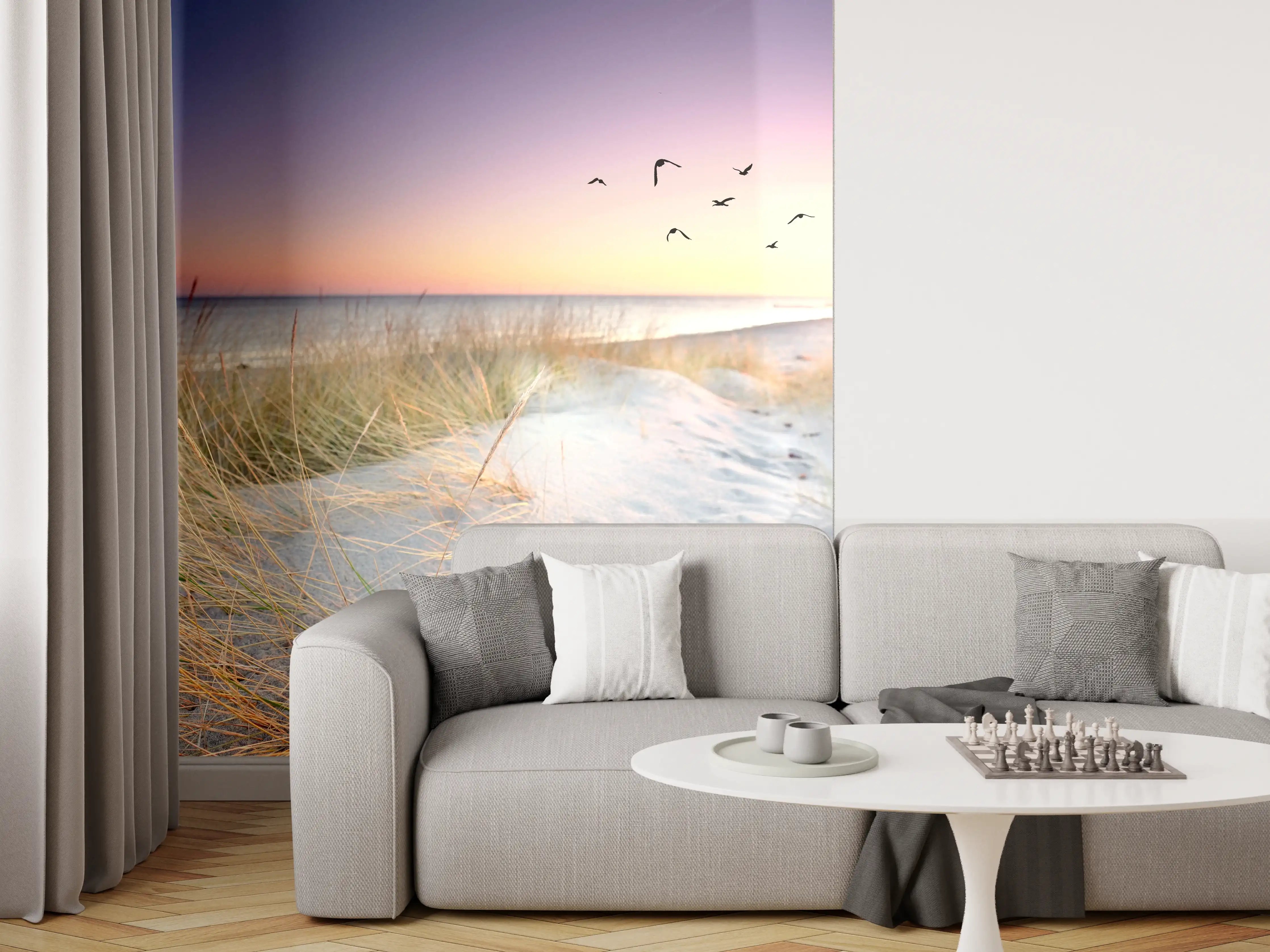 Wandverkleidung Wohnzimmer - Sonnenuntergang am Strand mit fliegenden Vögeln