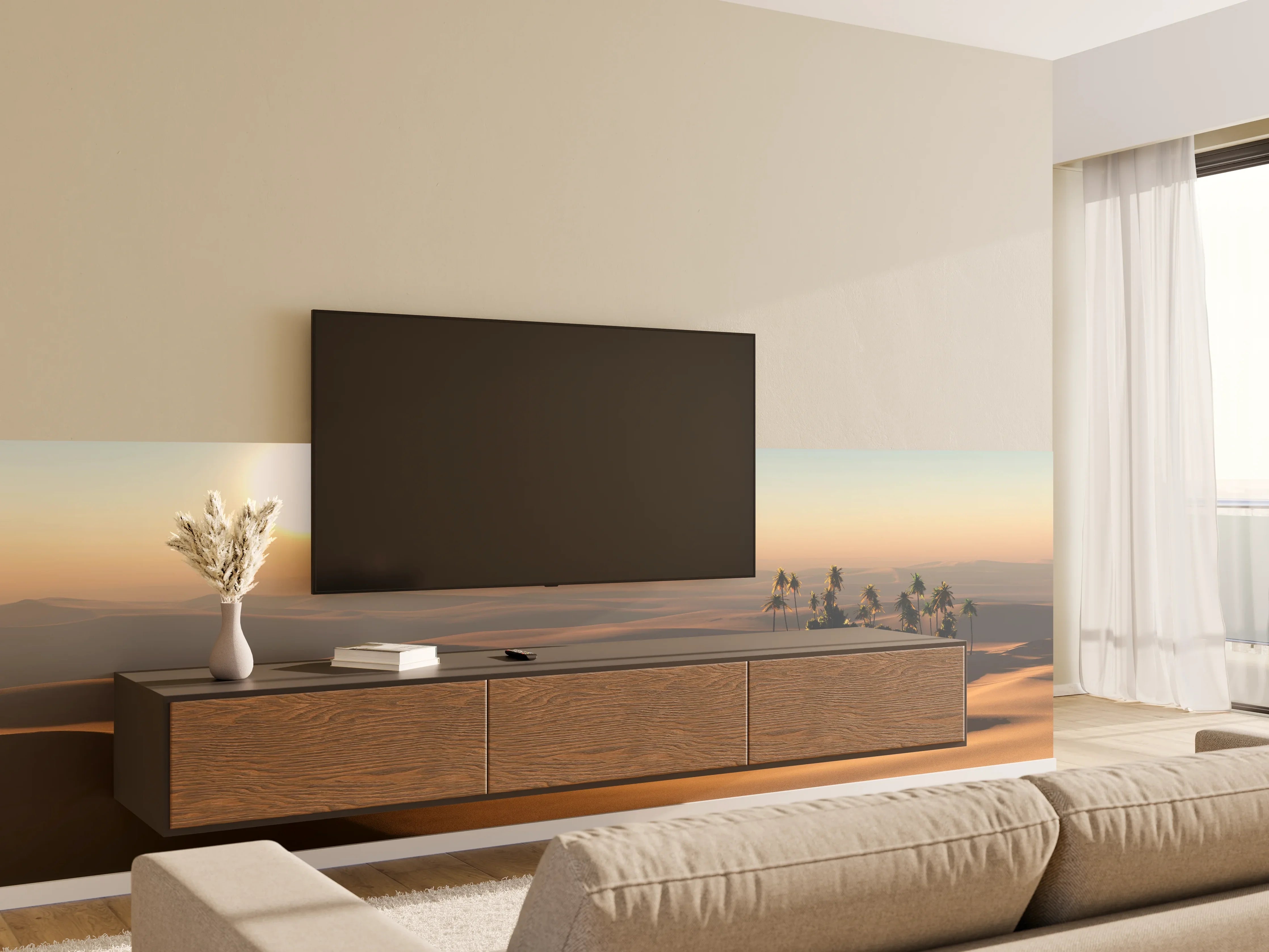 Wandverkleidung Wohnzimmer - Sonnenuntergang in der Wüste mit Palmen