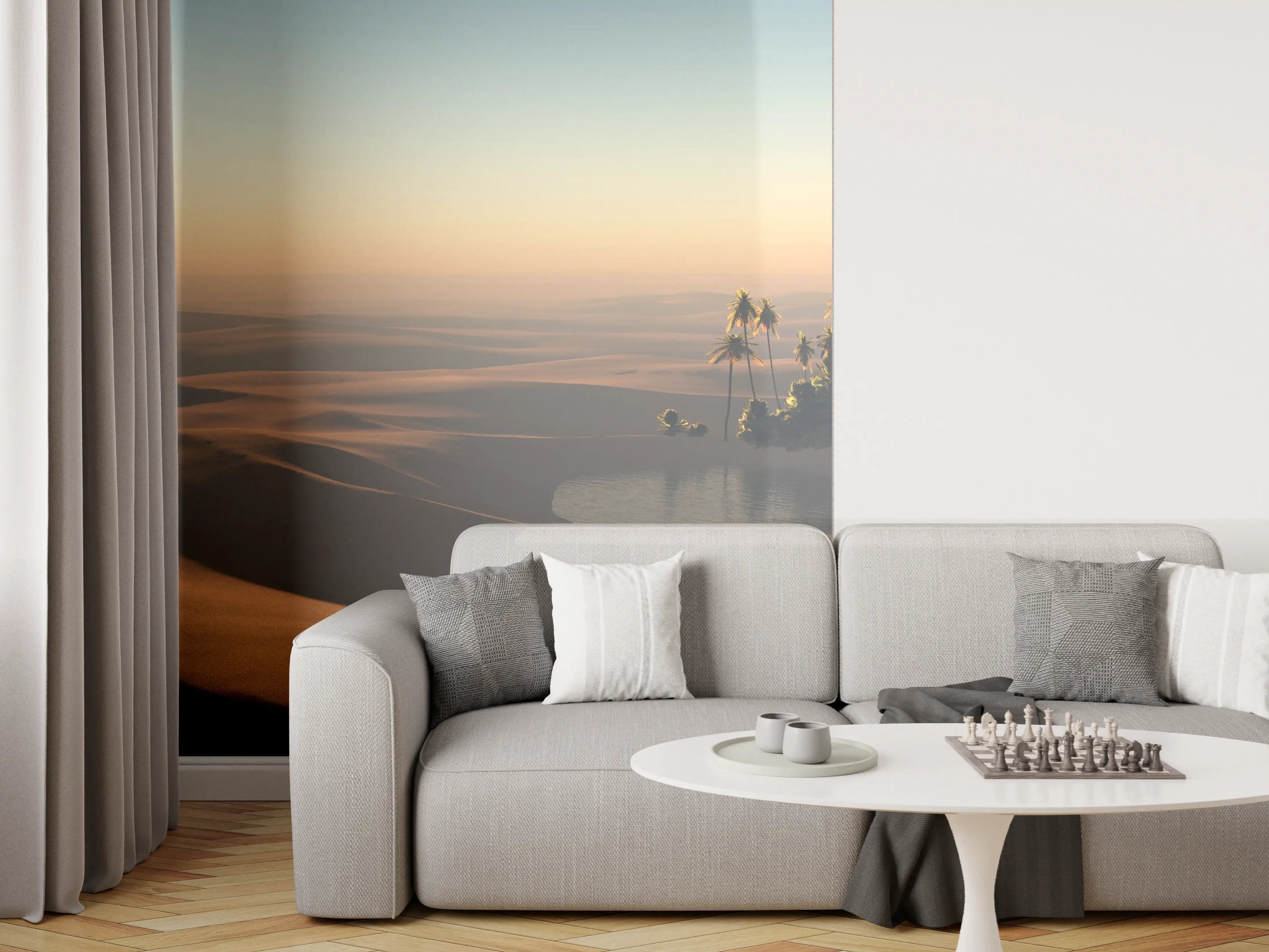 Wandverkleidung Wohnzimmer - Sonnenuntergang in der Wüste mit Palmen