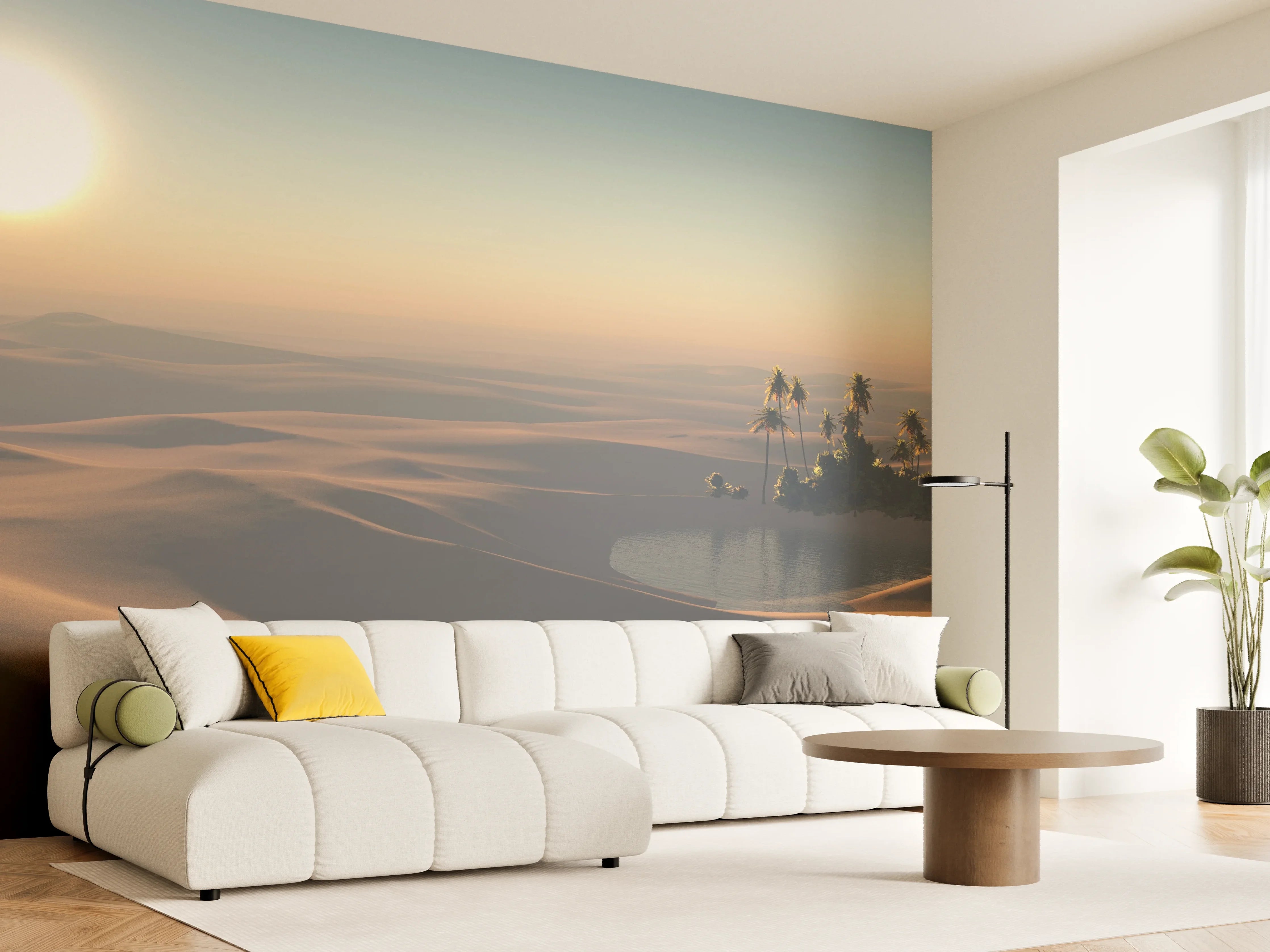Wandverkleidung Wohnzimmer - Sonnenuntergang in der Wüste mit Palmen