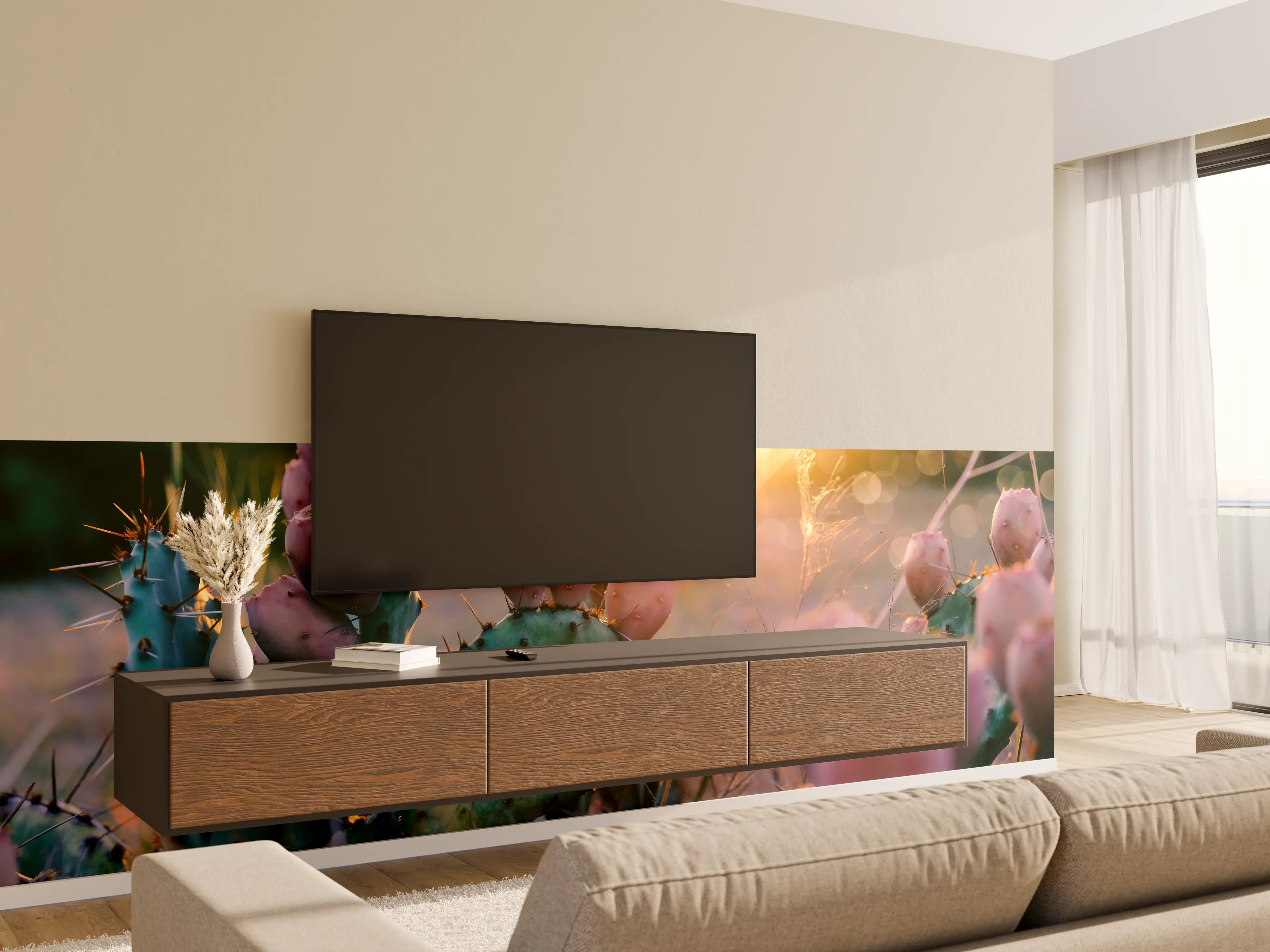Wandverkleidung Wohnzimmer - Sonnenuntergang über Kakteen im Wüstensand