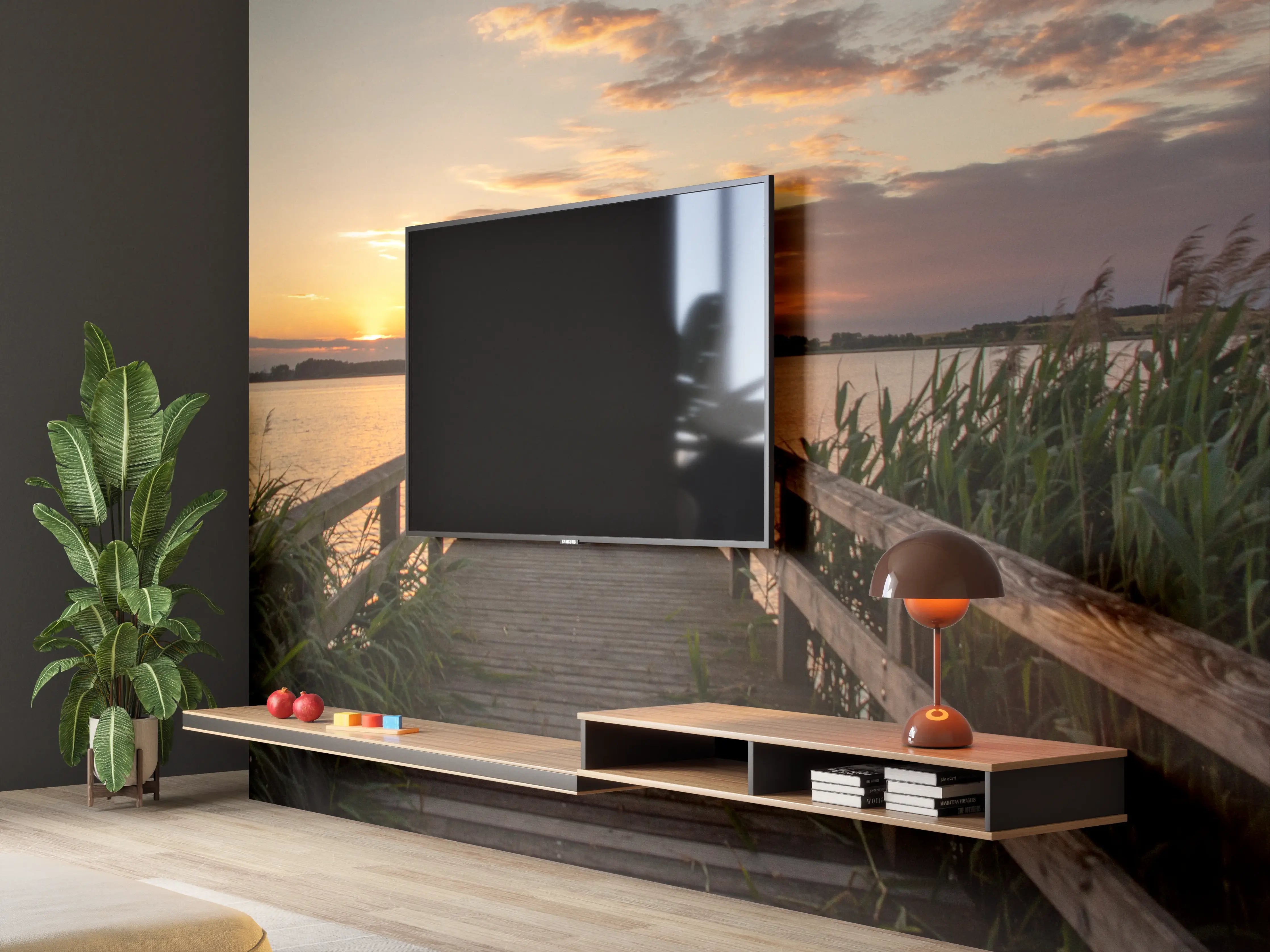 Wandverkleidung Wohnzimmer - Sonnenuntergang über dem Wasser mit Holzsteg