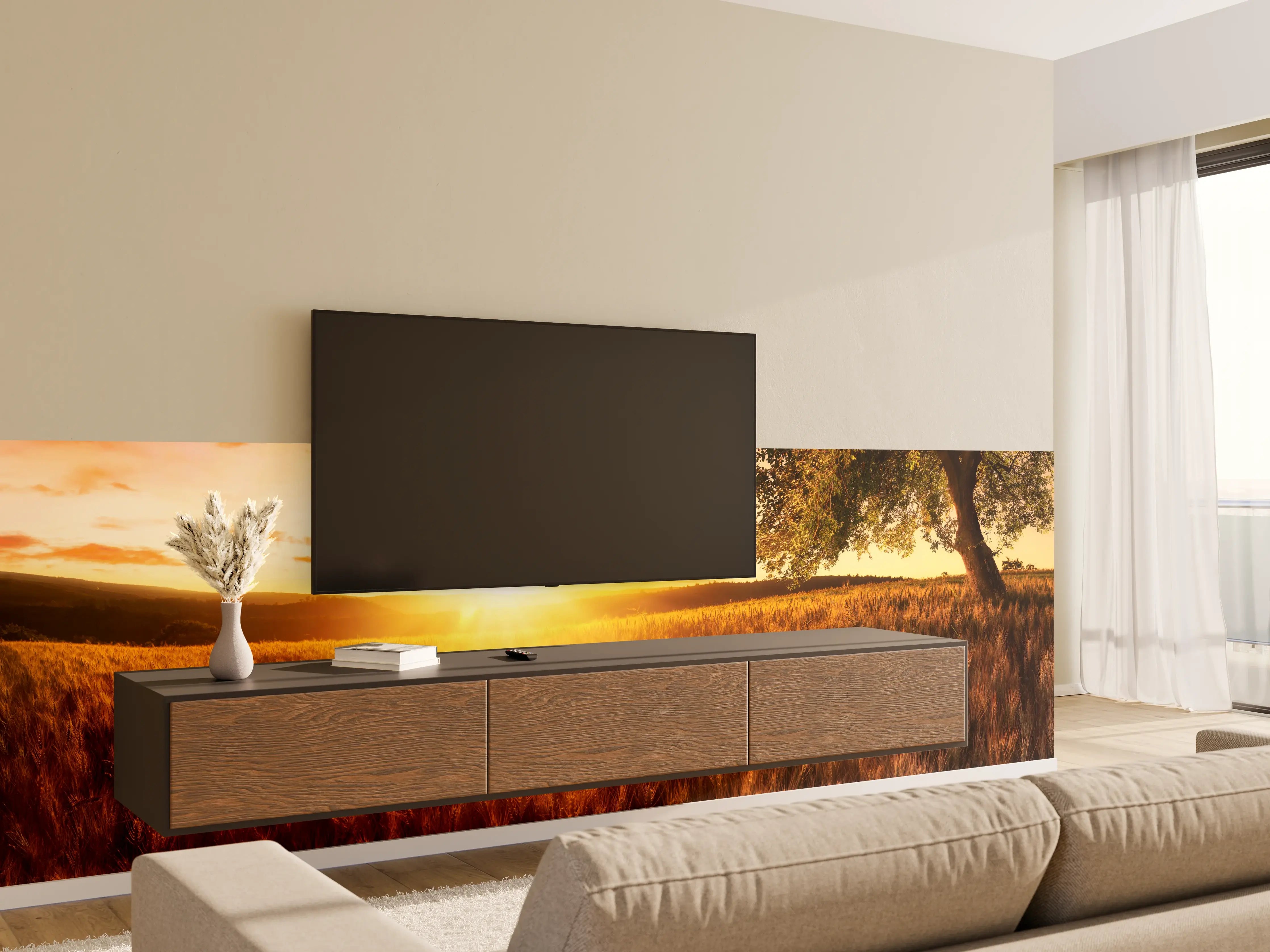 Wandverkleidung Wohnzimmer - Sonnenuntergang über der Wiese
