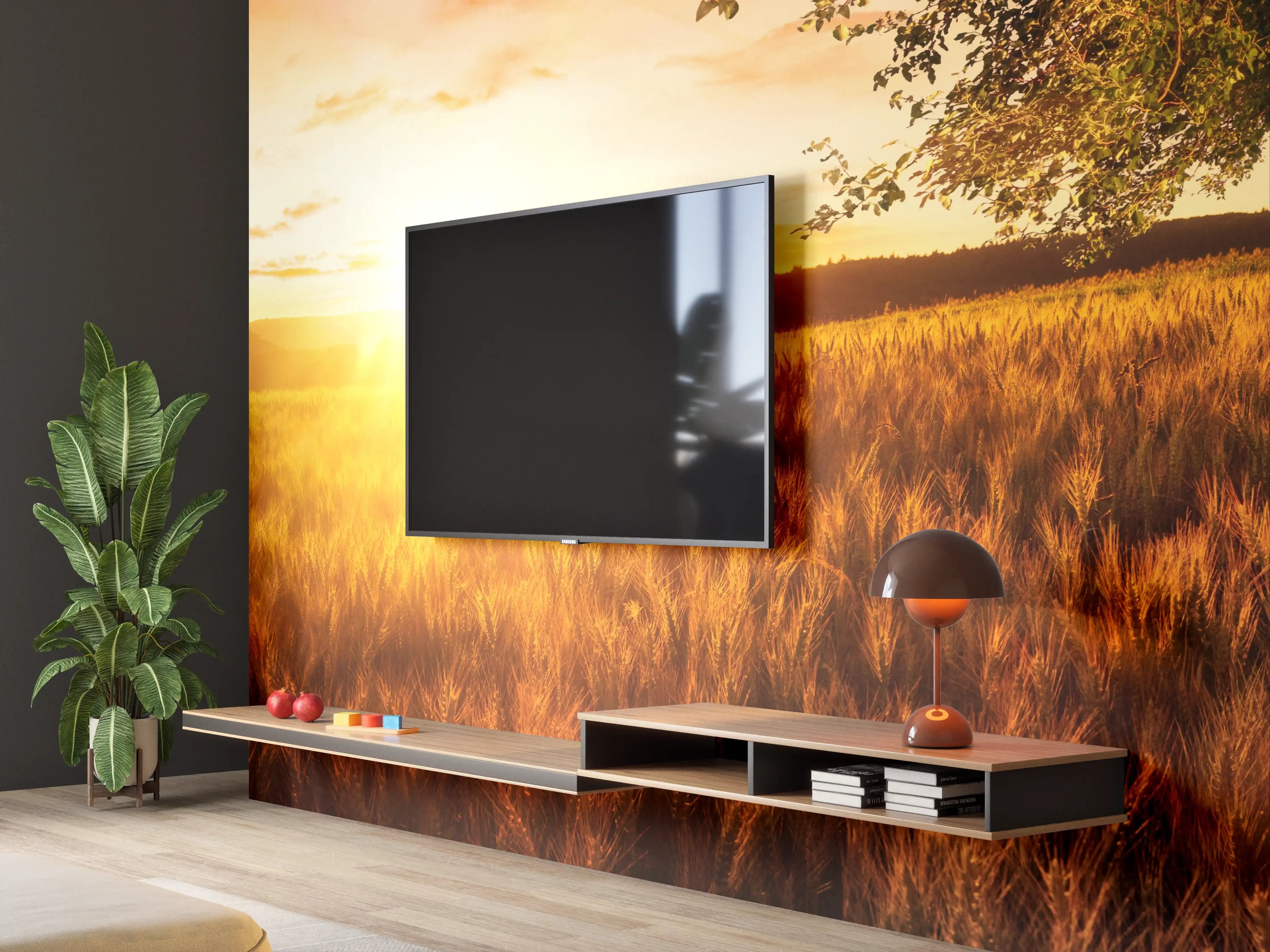 Wandverkleidung Wohnzimmer - Sonnenuntergang über der Wiese