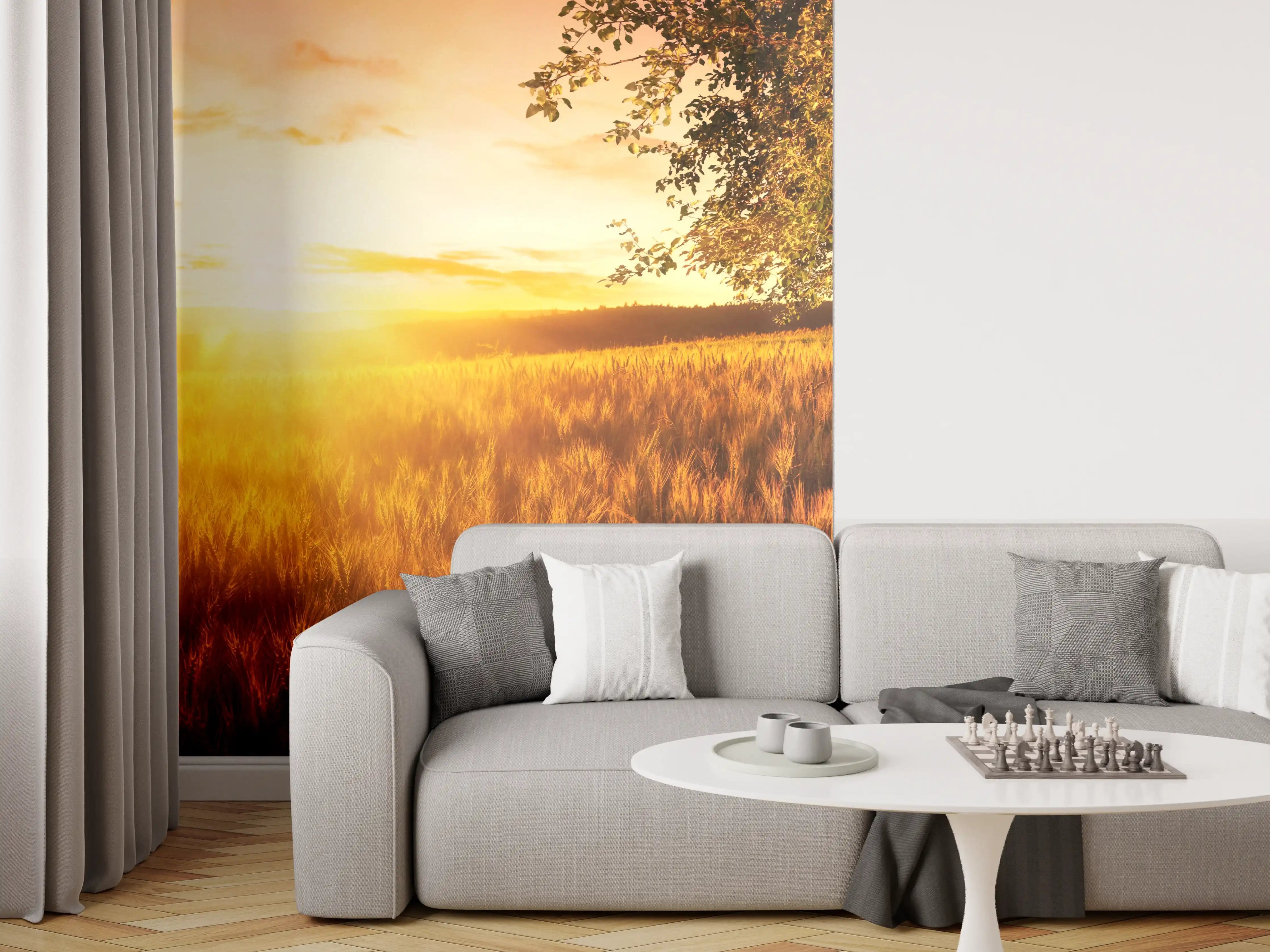 Wandverkleidung Wohnzimmer - Sonnenuntergang über der Wiese