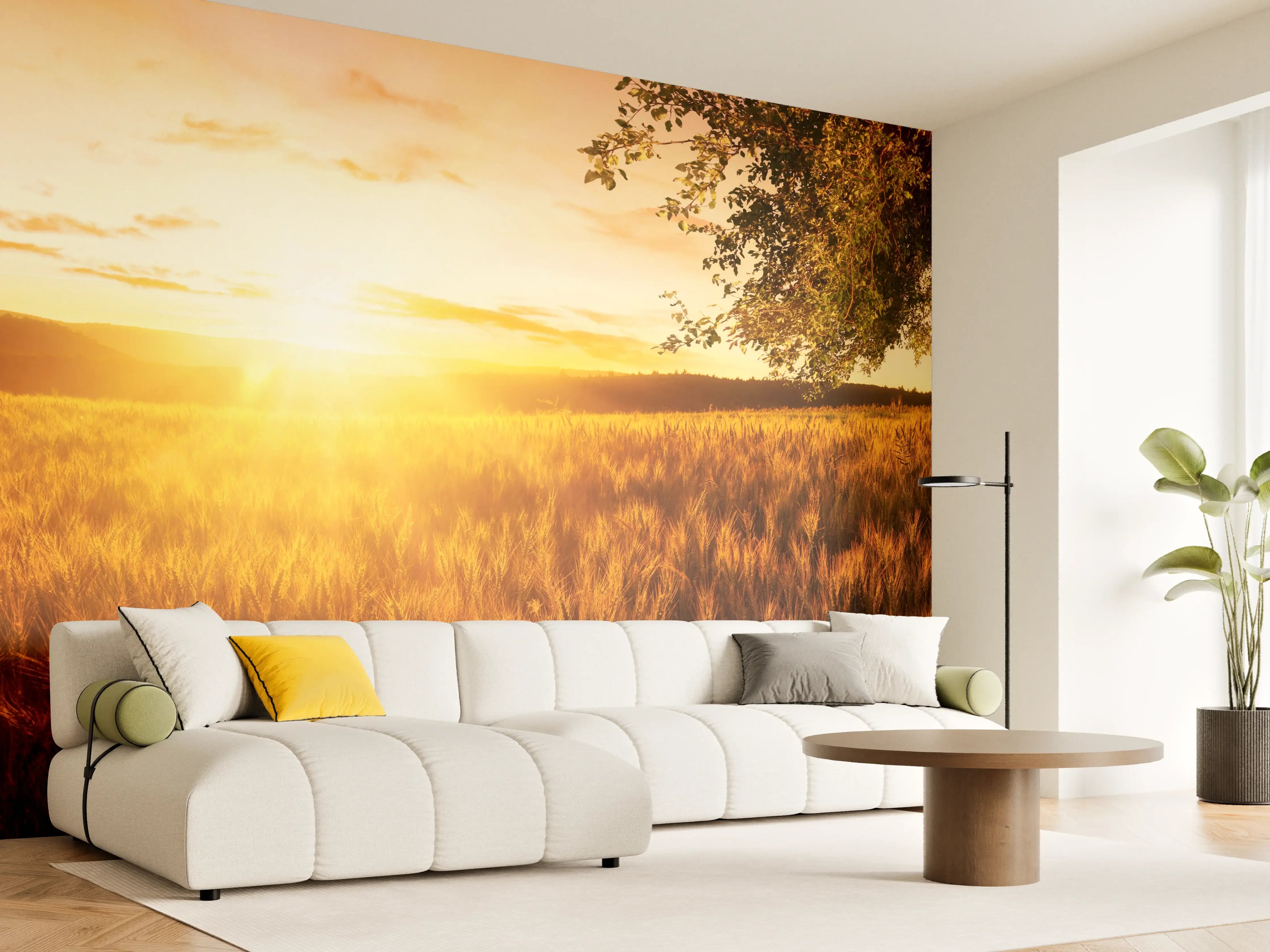 Wandverkleidung Wohnzimmer - Sonnenuntergang über der Wiese