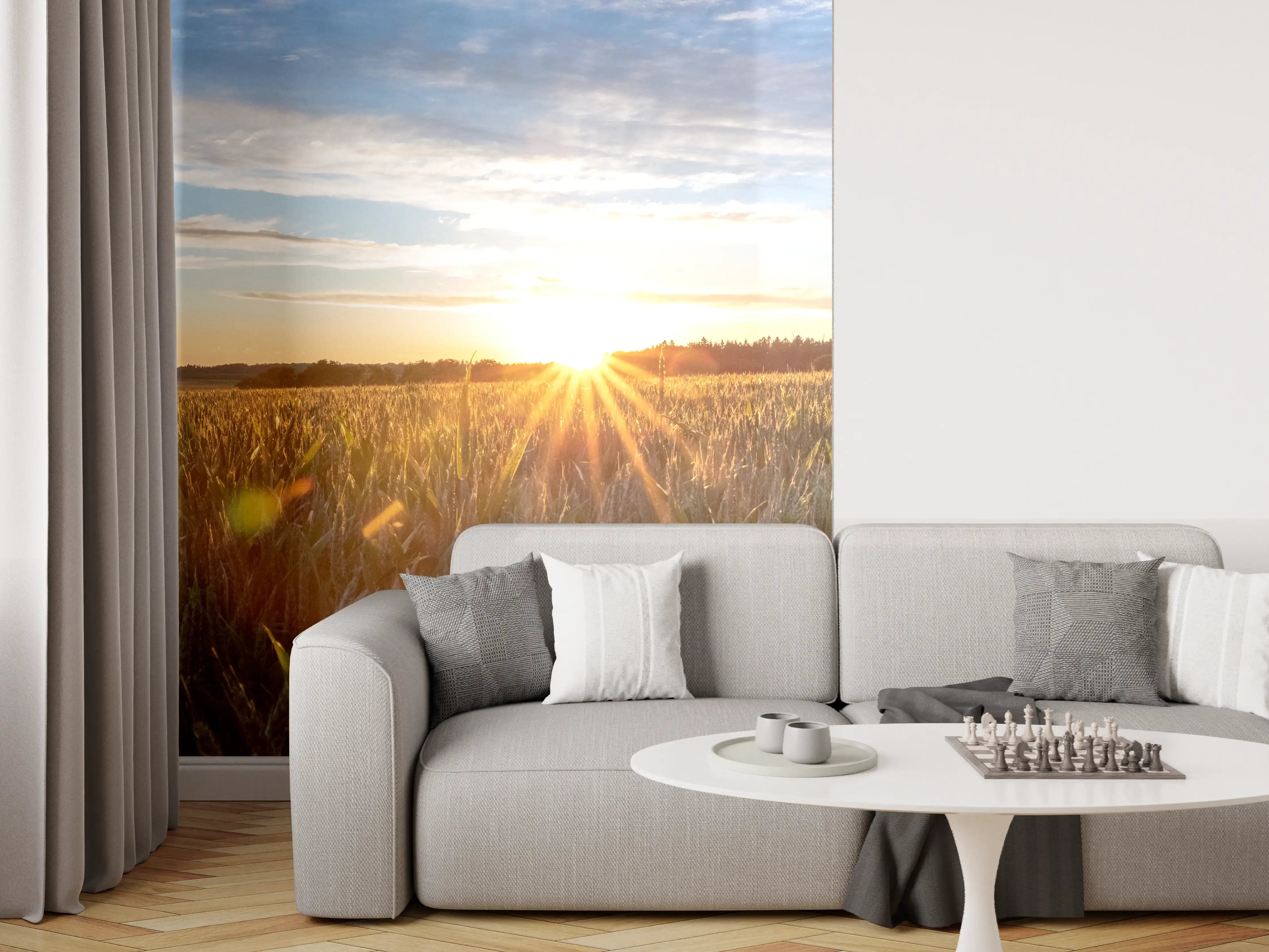 Wandverkleidung Wohnzimmer - Sonnenuntergang über einem Kornfeld