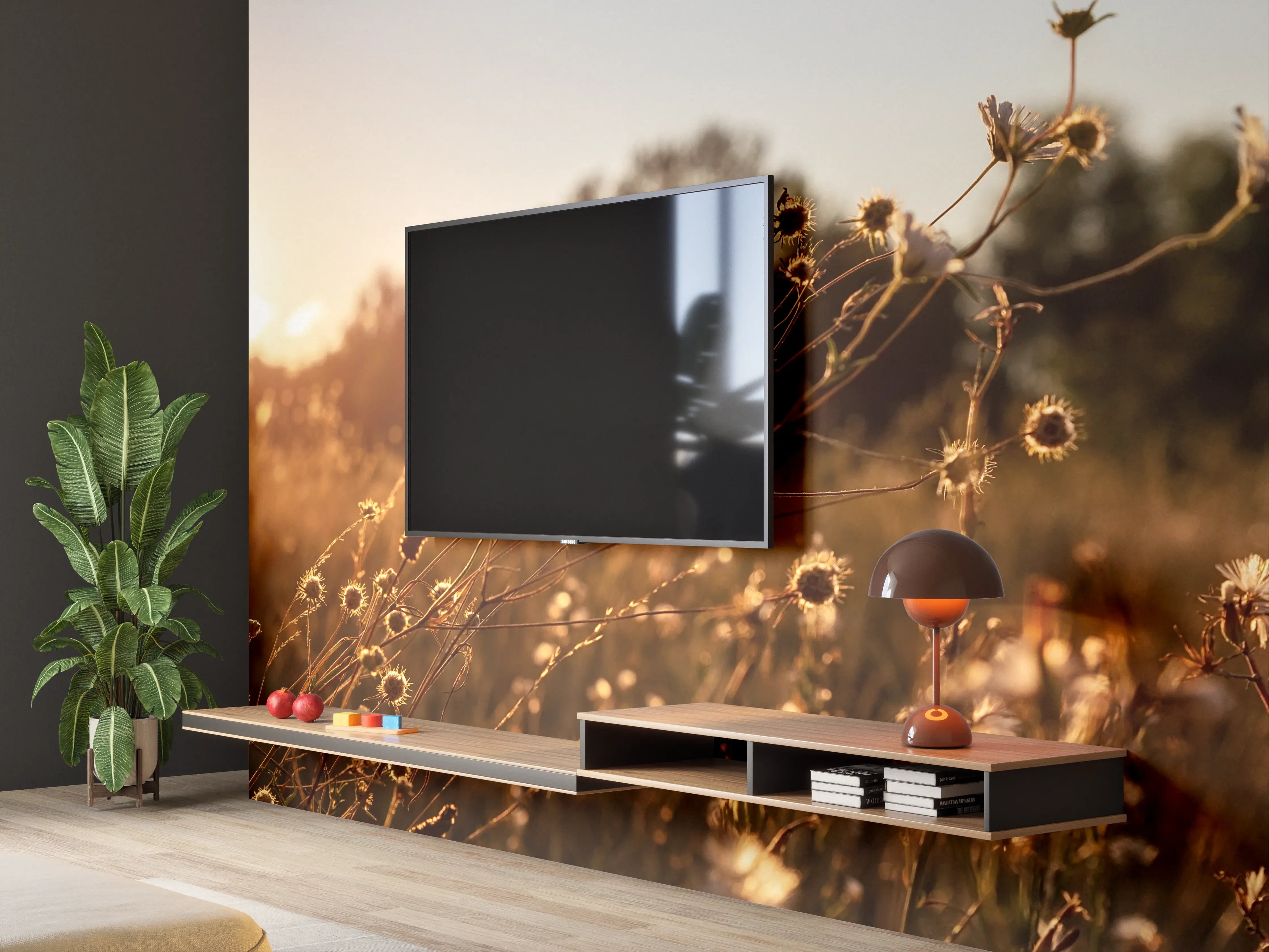 Wandverkleidung Wohnzimmer - Sonnenuntergang über einer Blumenwiese
