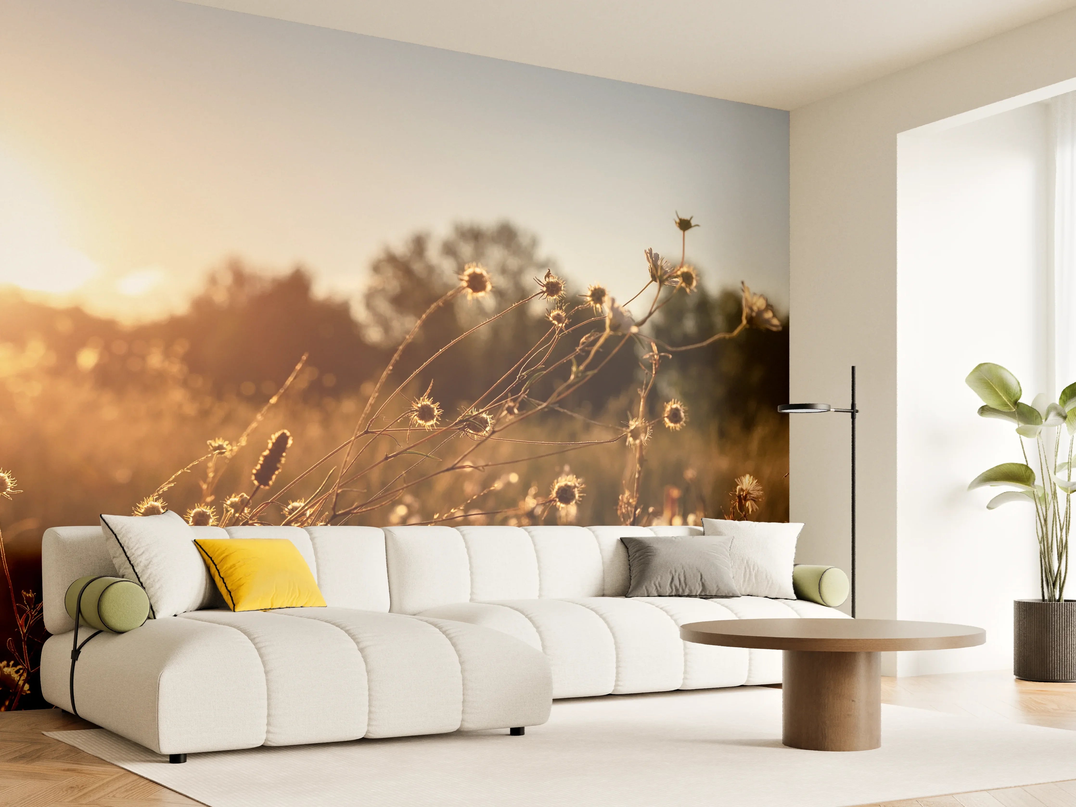 Wandverkleidung Wohnzimmer - Sonnenuntergang über einer Blumenwiese