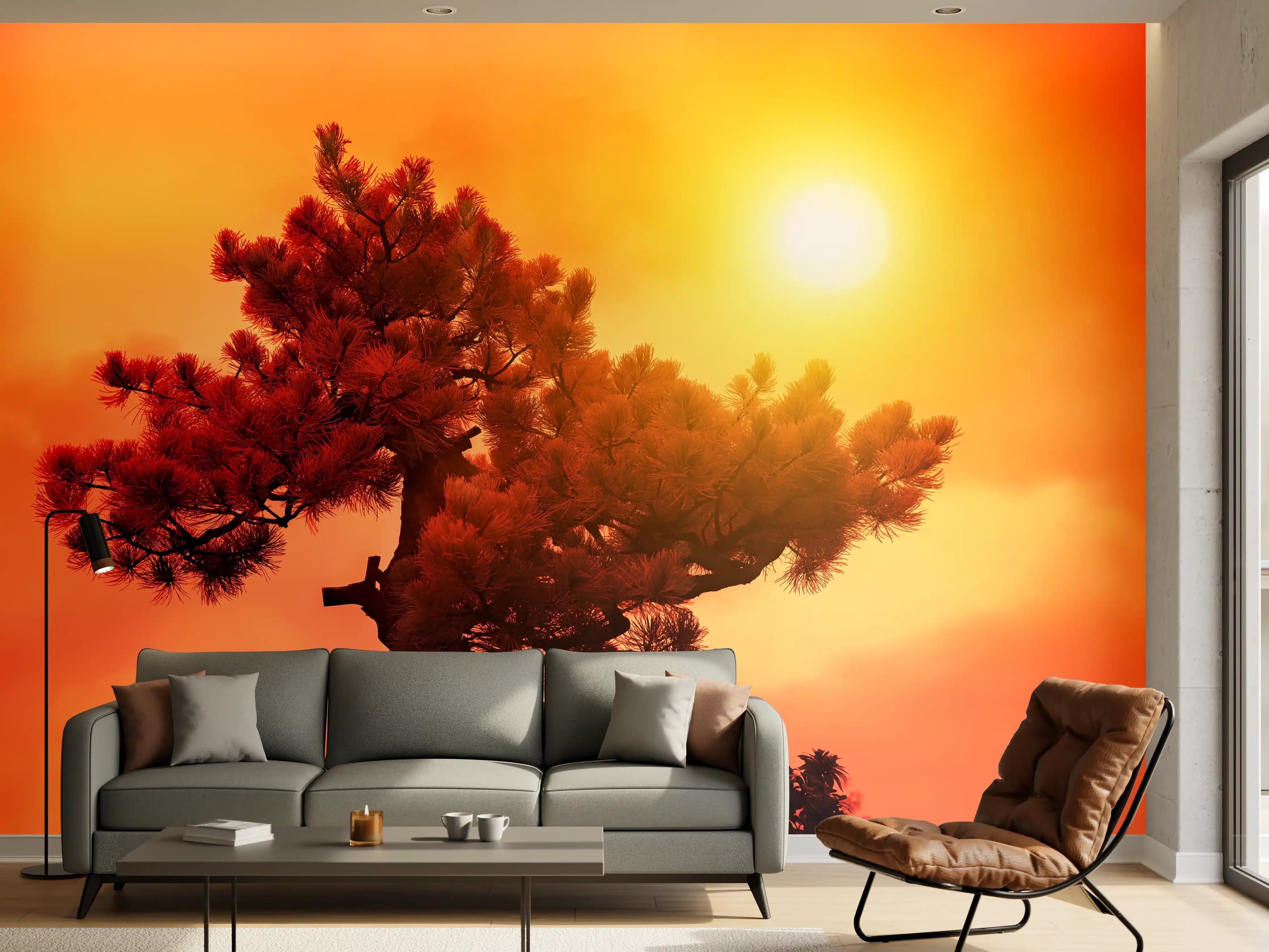 Wandverkleidung Wohnzimmer - Sonnenuntergang über einer einsamen Tannenbaumkrone