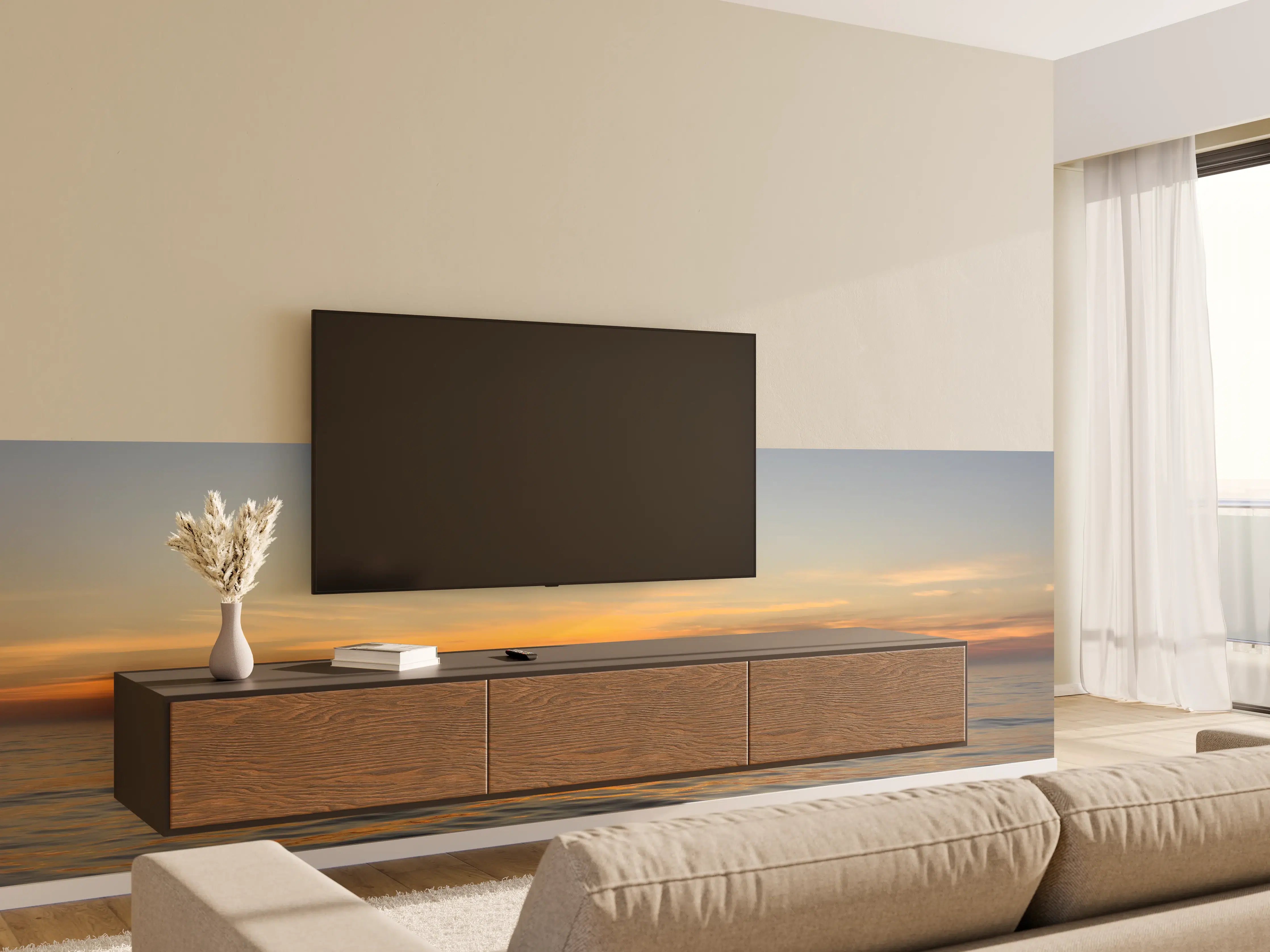 Wandverkleidung Wohnzimmer - Sonnenuntergang über ruhigem Meer