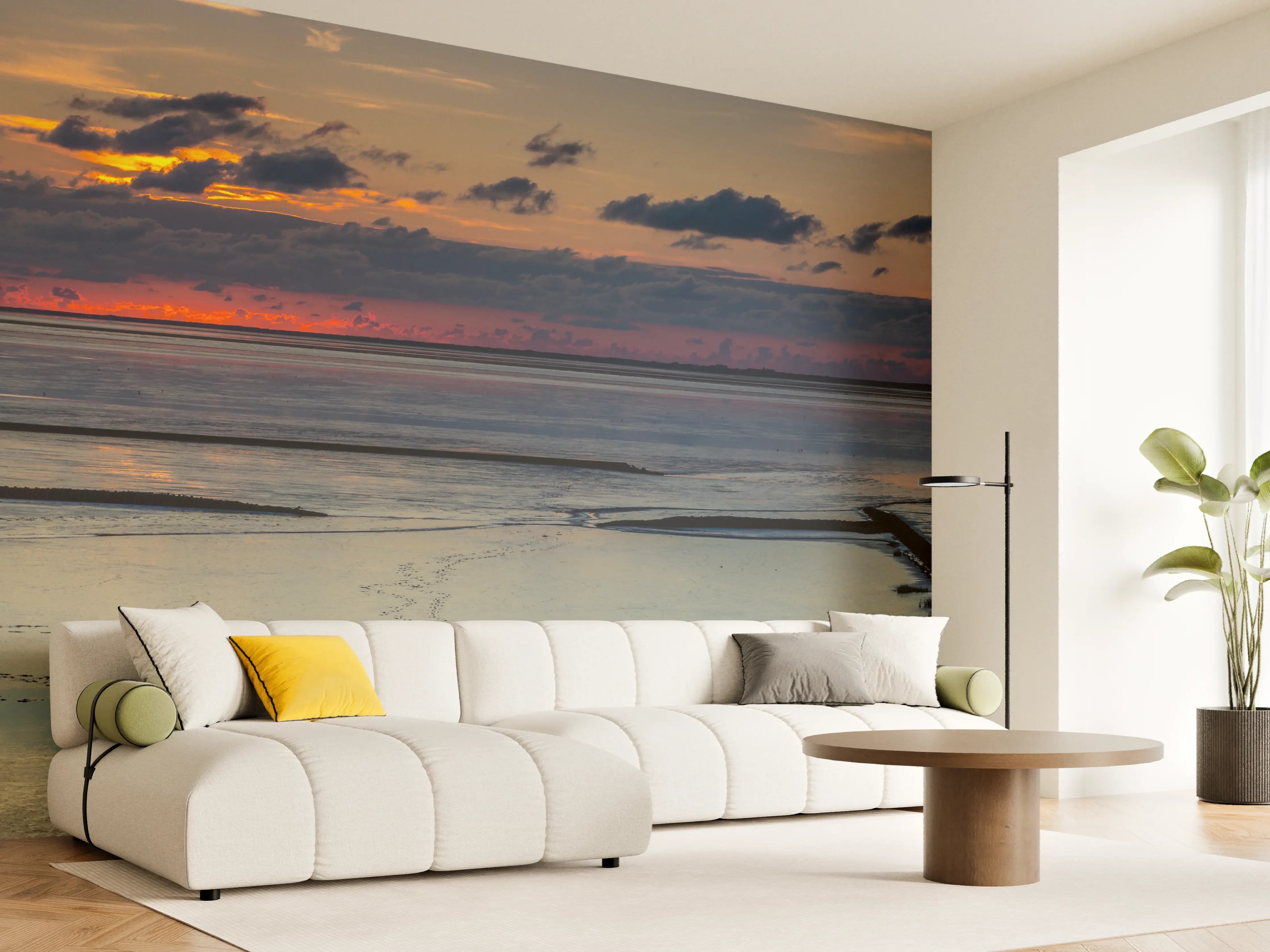 Wandverkleidung Wohnzimmer - Sonnenuntergang über ruhigem Wasser