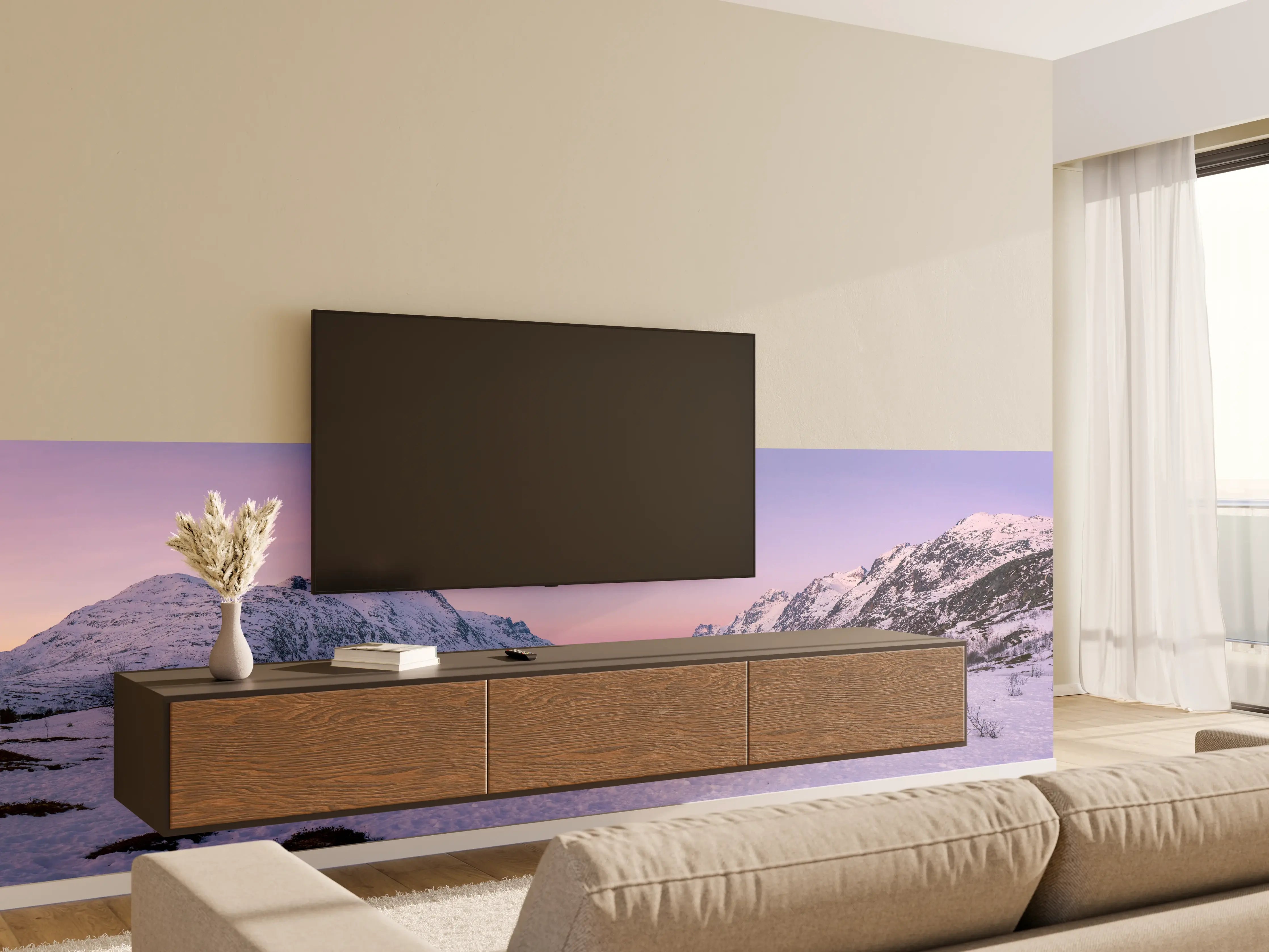 Wandverkleidung Wohnzimmer - Sonnenuntergang über verschneiten Bergen