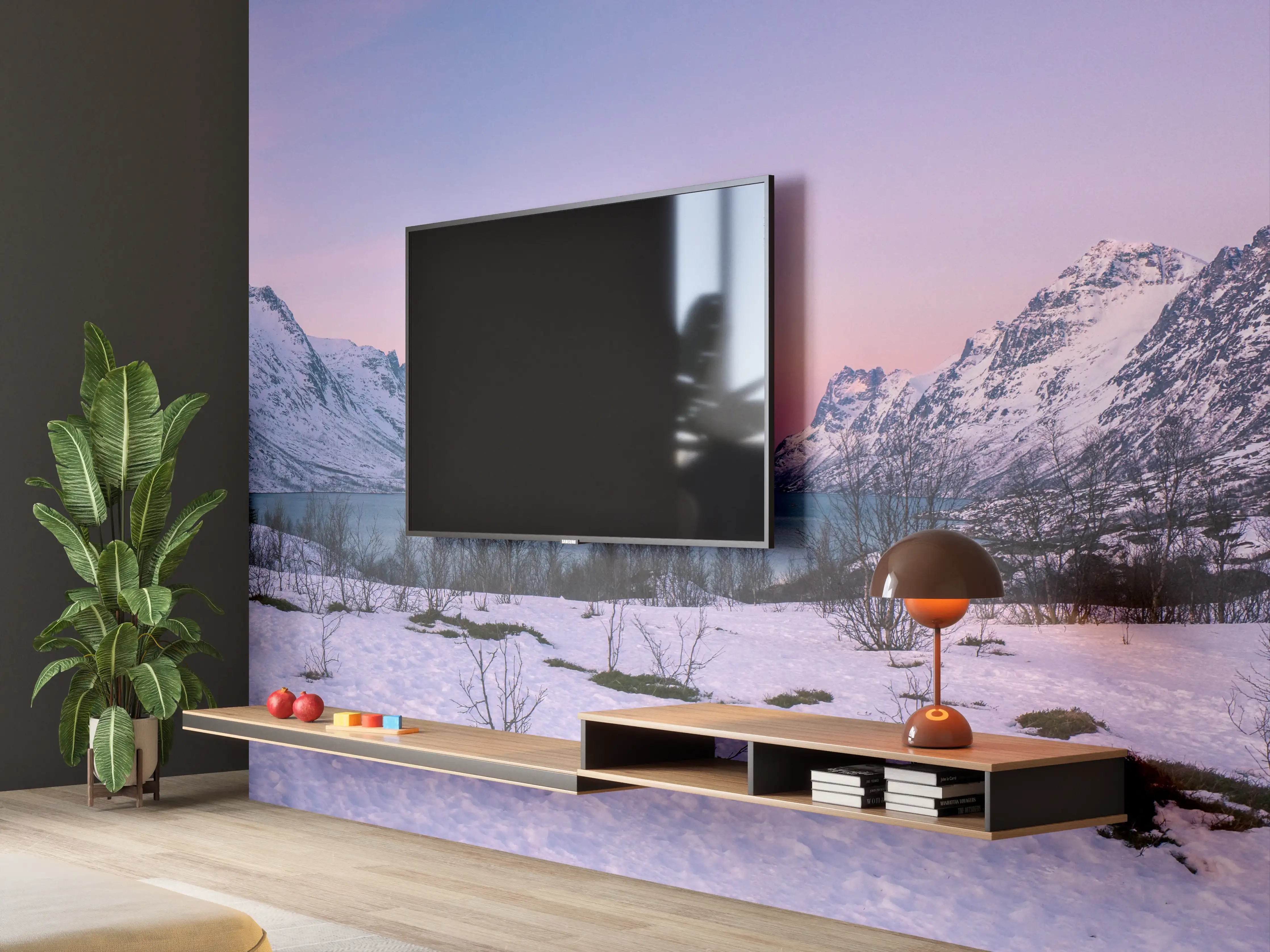 Wandverkleidung Wohnzimmer - Sonnenuntergang über verschneiten Bergen