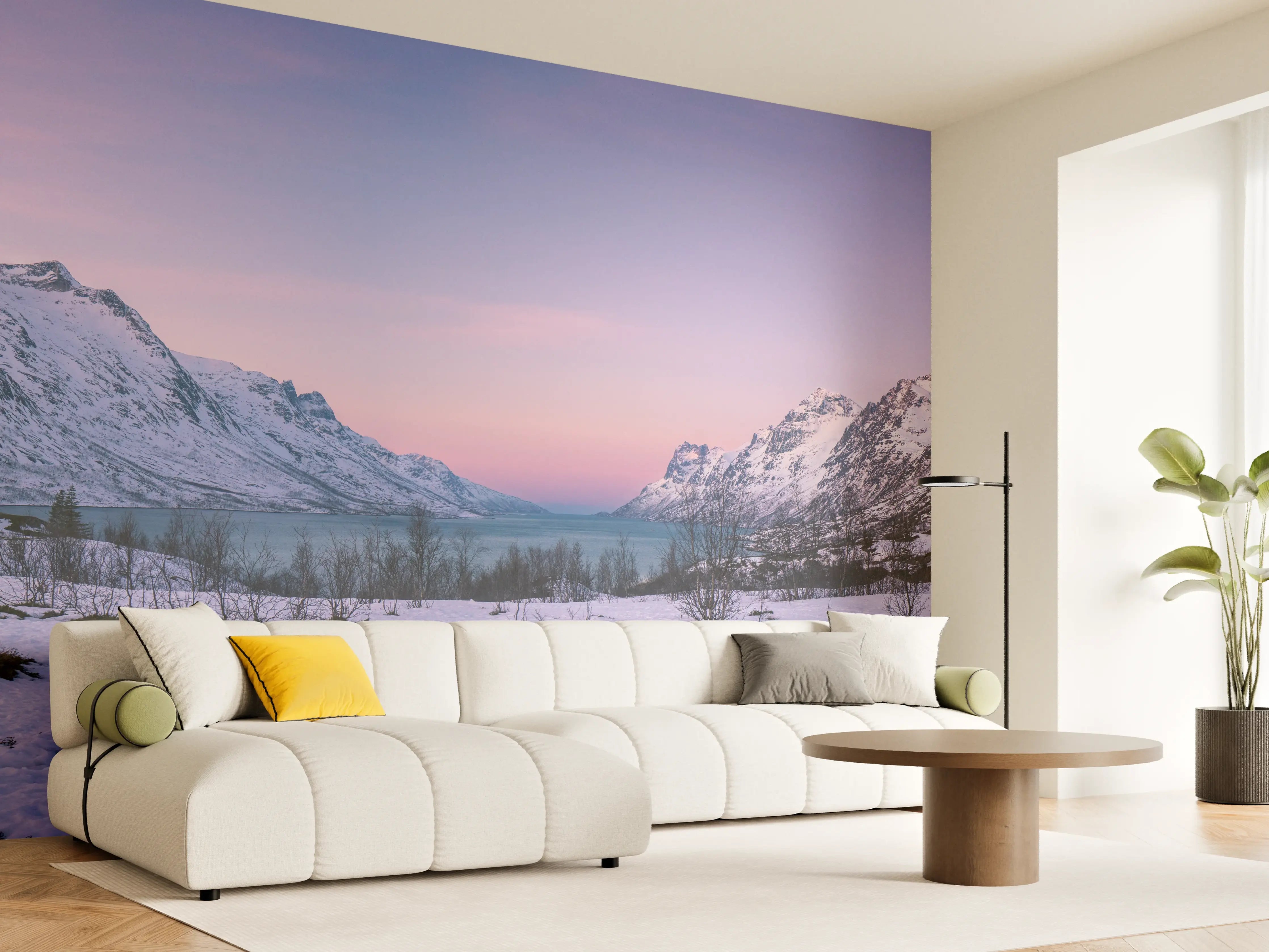 Wandverkleidung Wohnzimmer - Sonnenuntergang über verschneiten Bergen