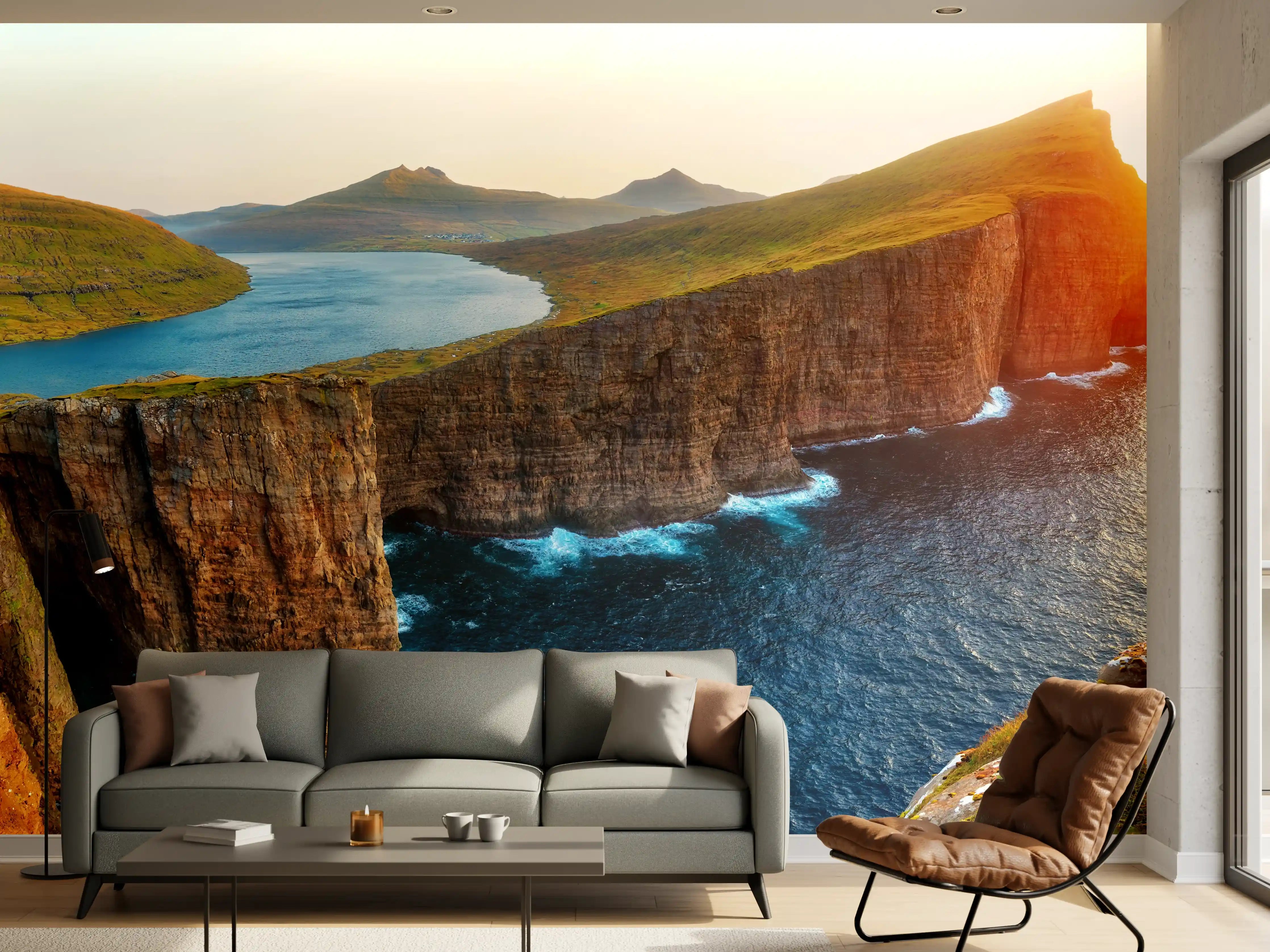 Wandverkleidung Wohnzimmer - Sorvagsvatn See und mit Wasserfall ins Meer an der Färöer