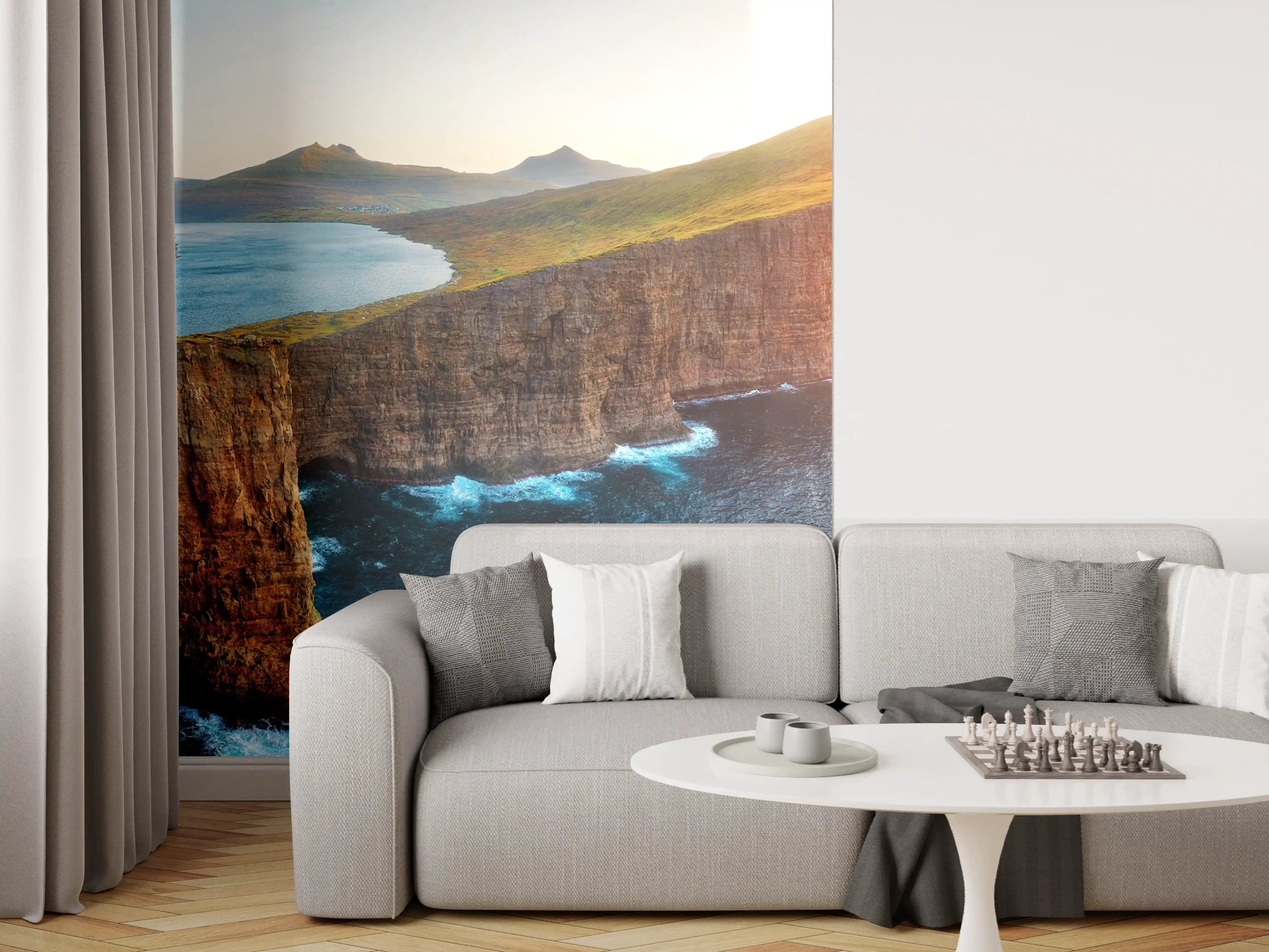 Wandverkleidung Wohnzimmer - Sorvagsvatn See und mit Wasserfall ins Meer an der Färöer