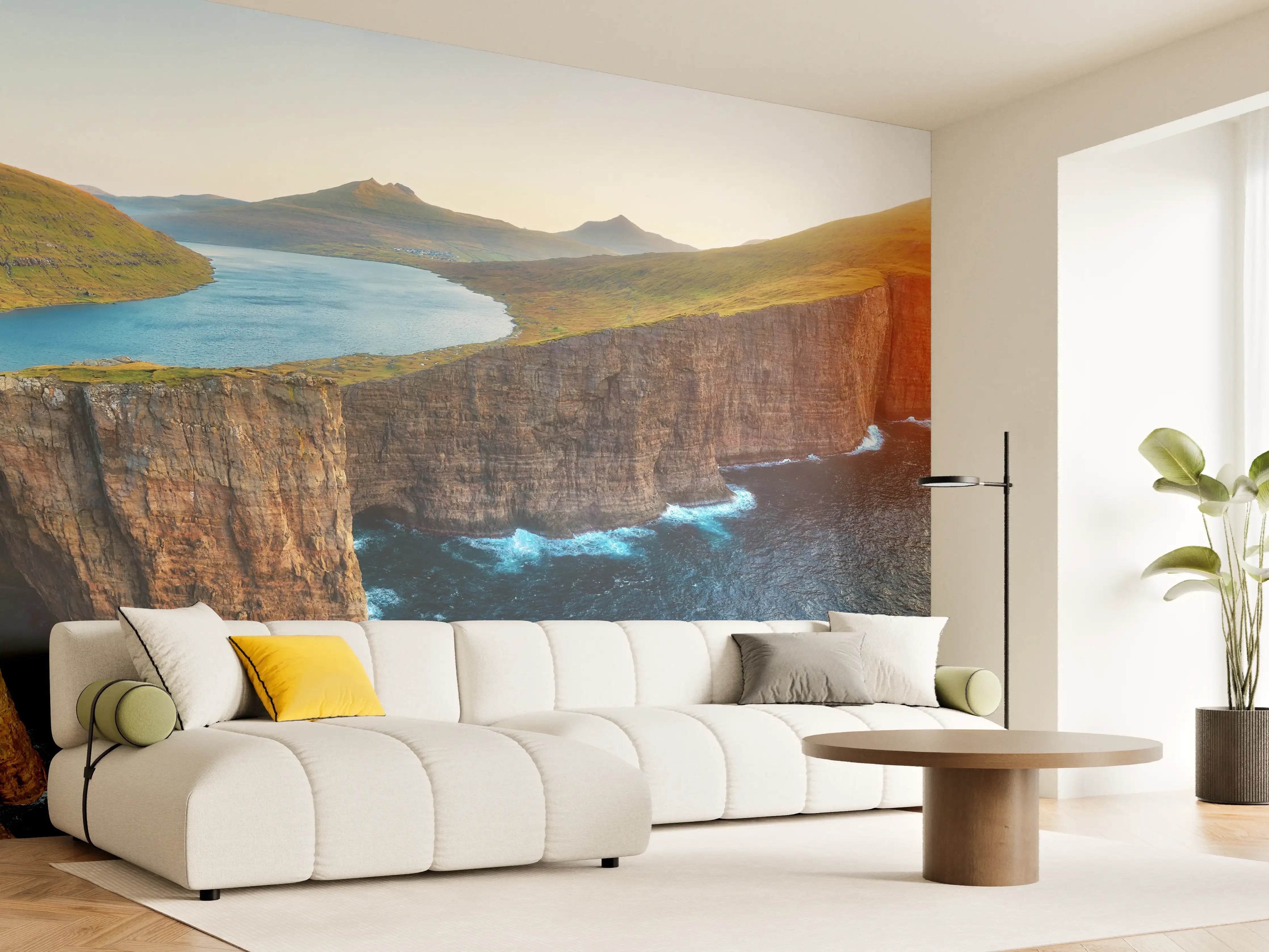 Wandverkleidung Wohnzimmer - Sorvagsvatn See und mit Wasserfall ins Meer an der Färöer