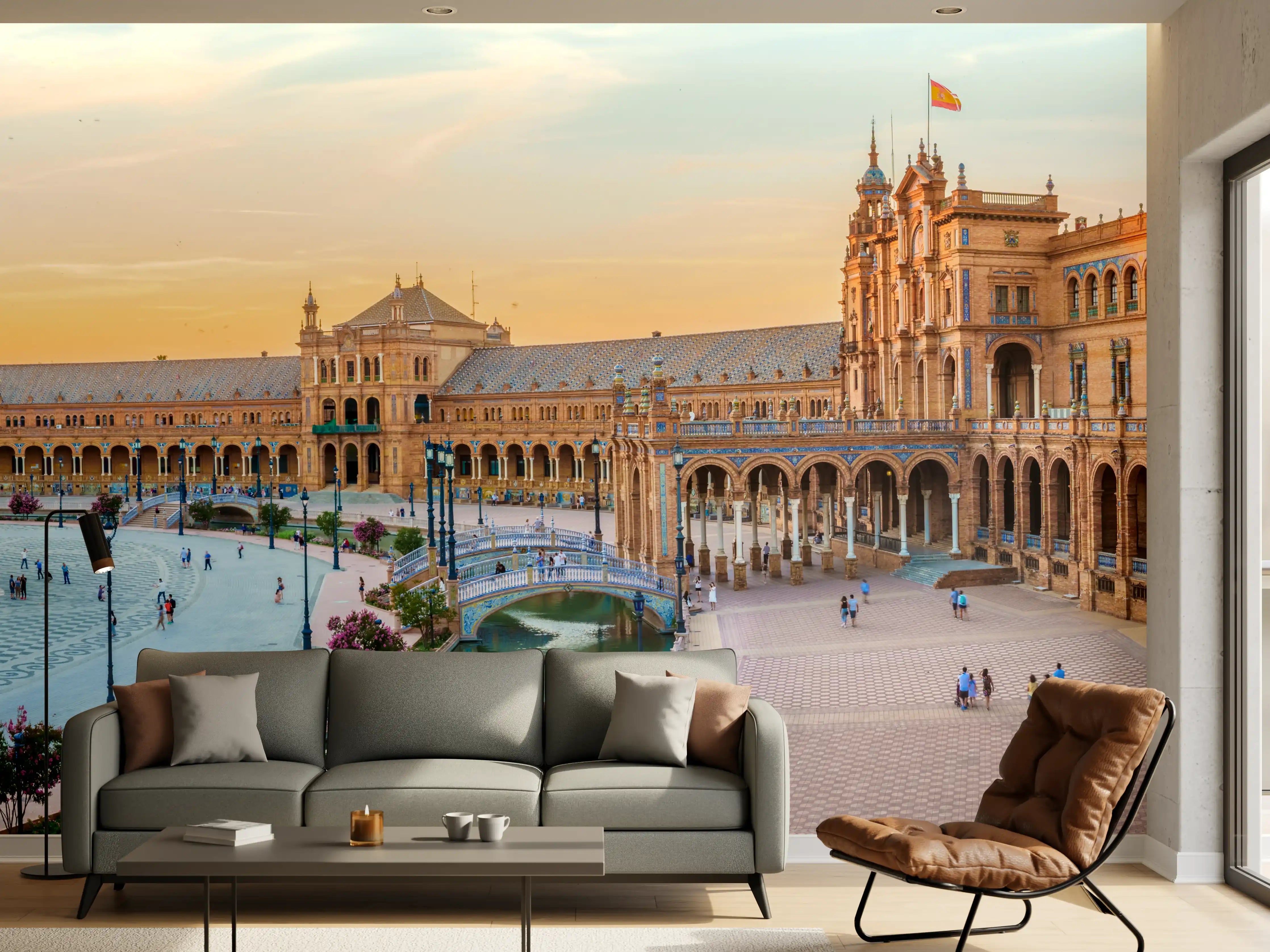 Wandverkleidung Wohnzimmer - Spanisches Platzpanorama bei Sonnenuntergang