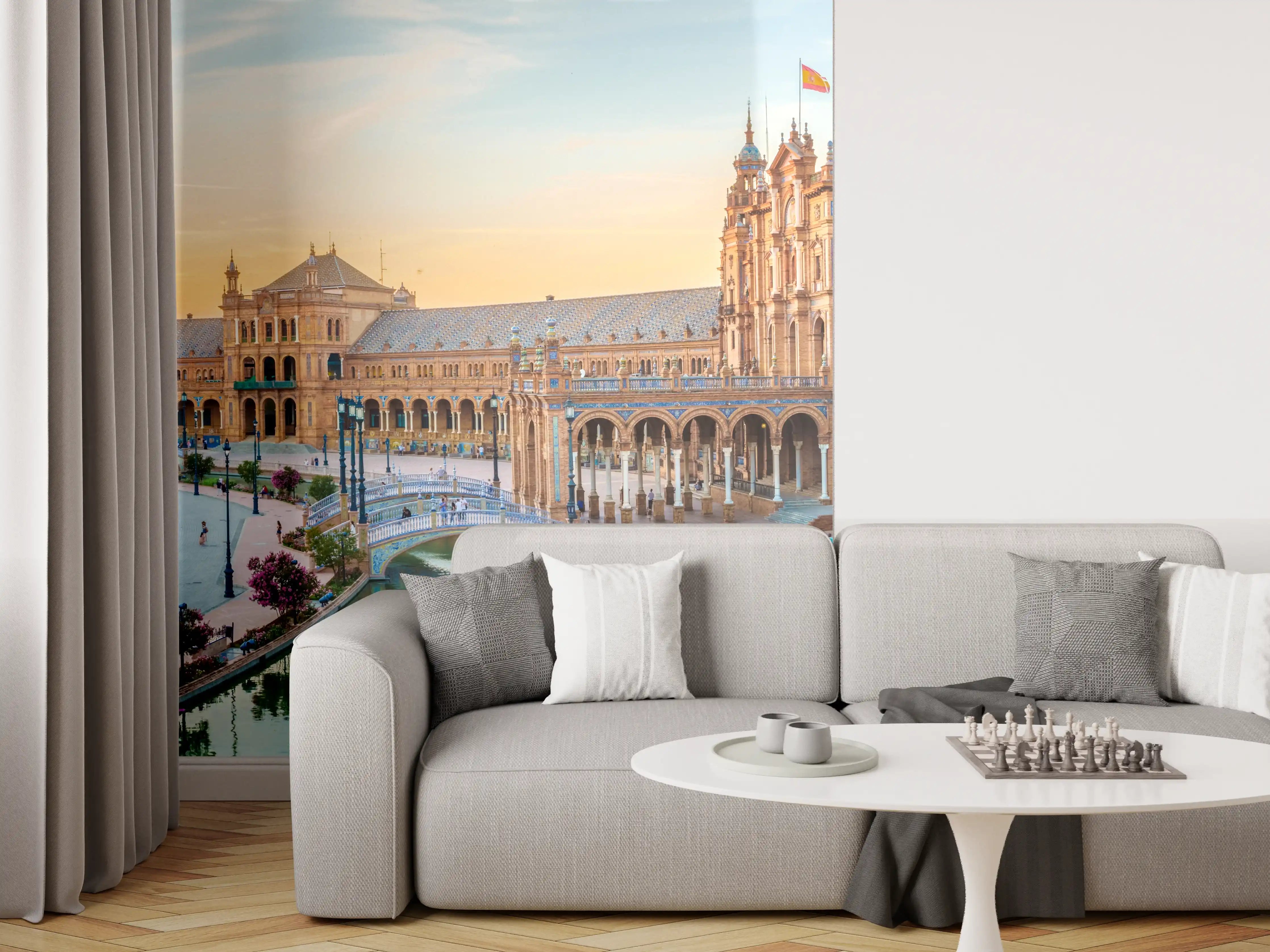 Wandverkleidung Wohnzimmer - Spanisches Platzpanorama bei Sonnenuntergang