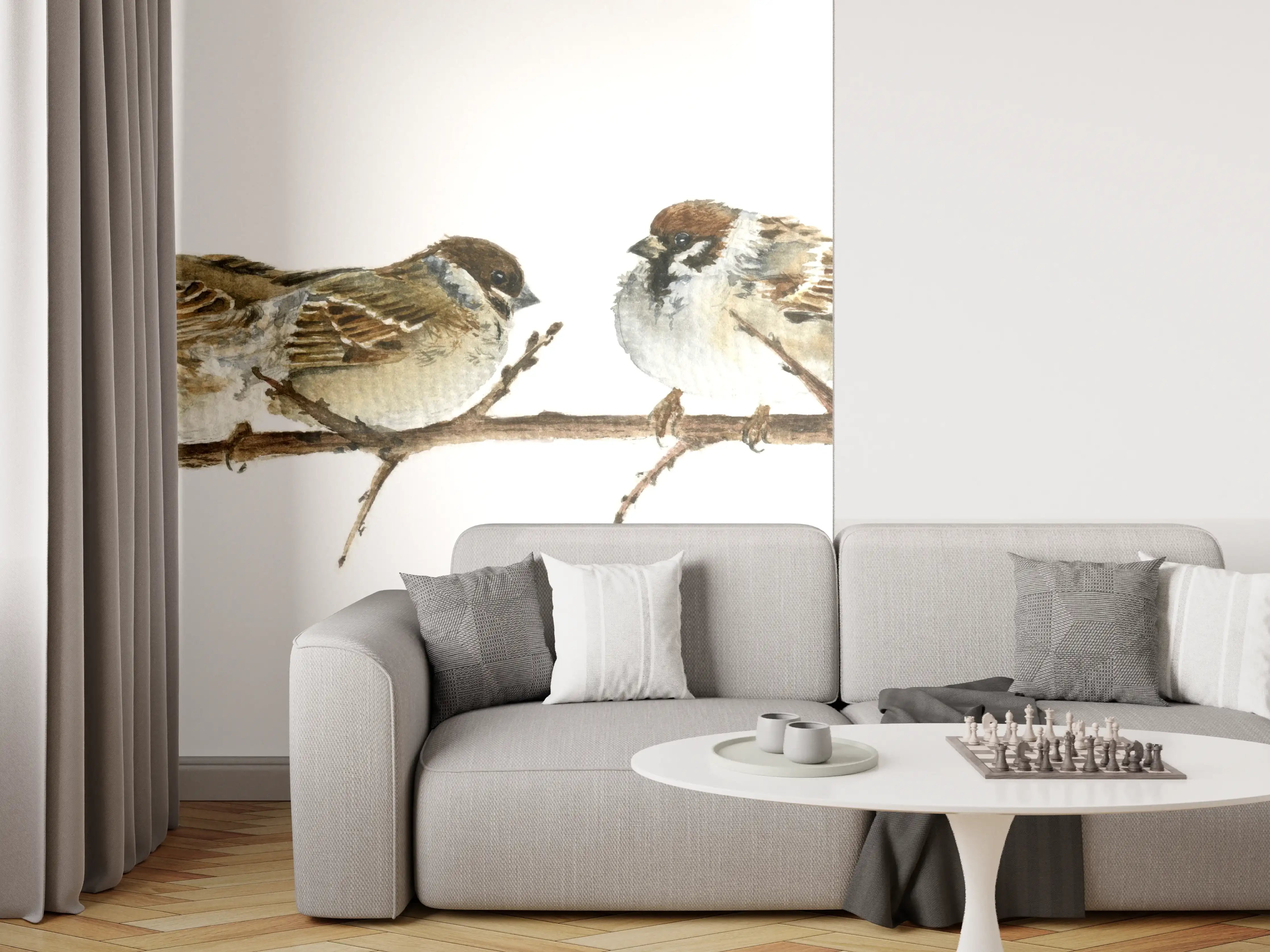 Wandverkleidung Wohnzimmer - Spatzen auf einem Zweig