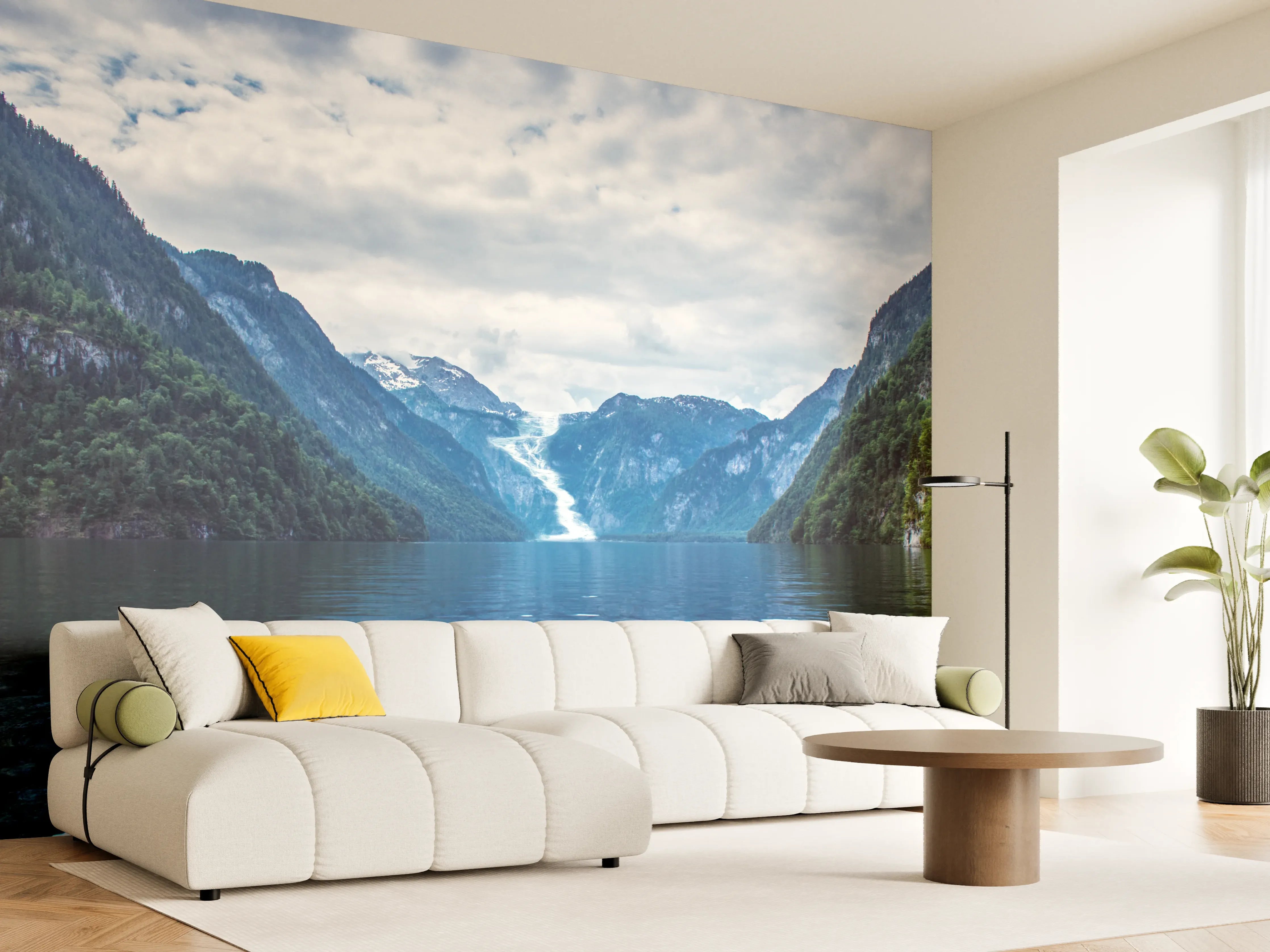 Wandverkleidung Wohnzimmer - Spektakuläre Berg- und Seelandschaft mit Wasserfall