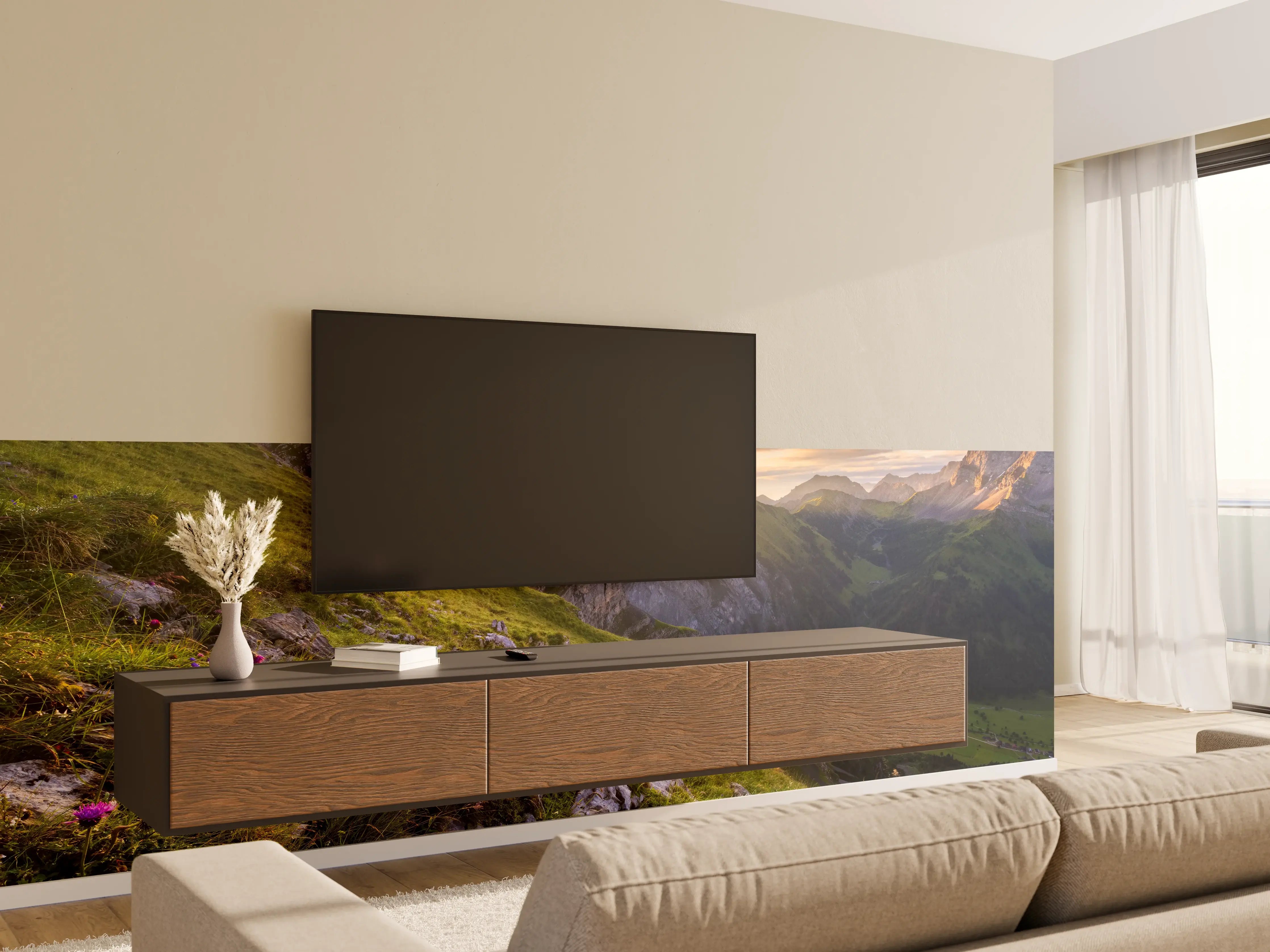 Wandverkleidung Wohnzimmer - Spektakuläre Berglandschaft bei Sonnenaufgang