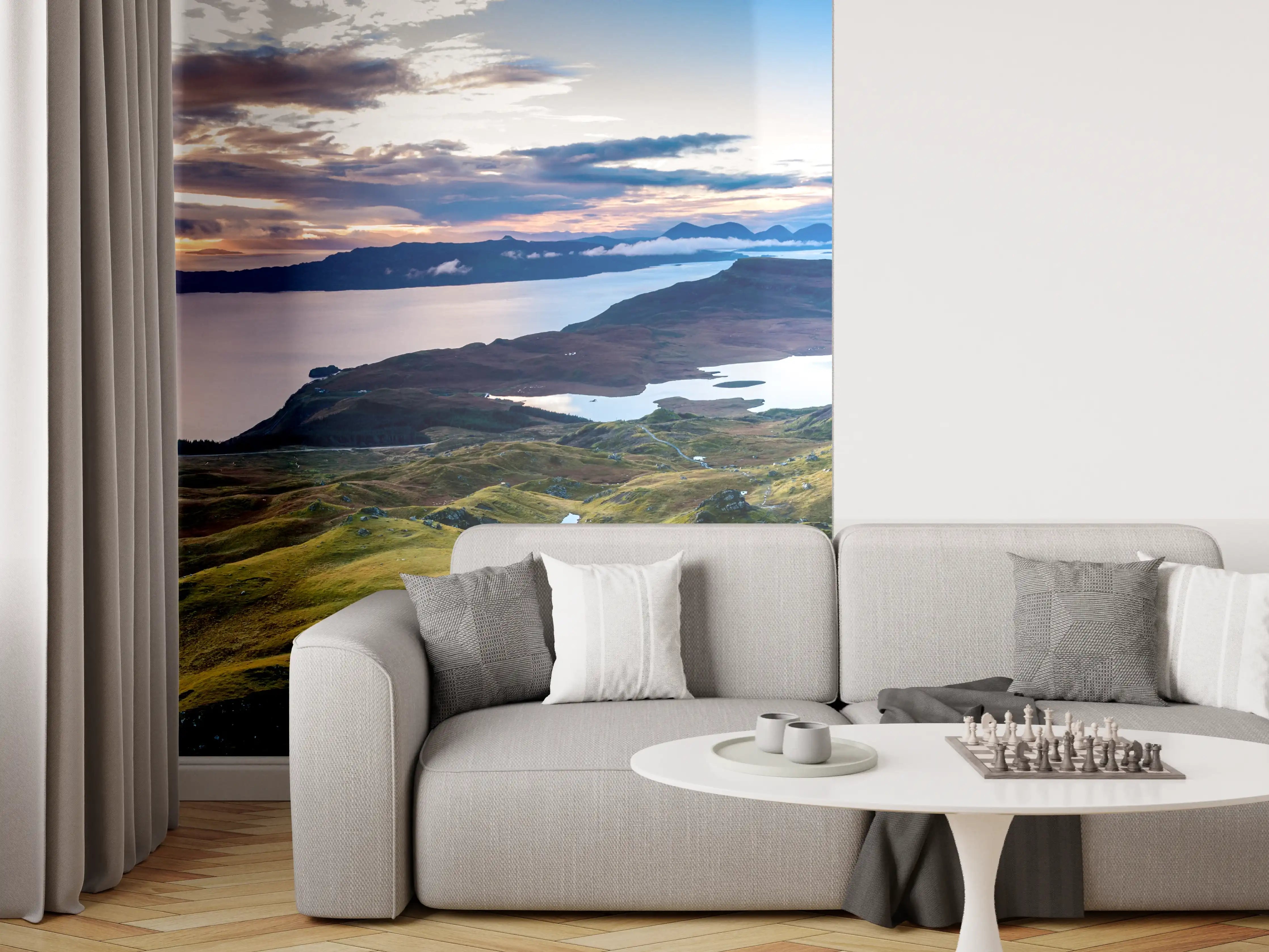 Wandverkleidung Wohnzimmer - Spektakuläre Landschaft mit Gipfeln und Wasser