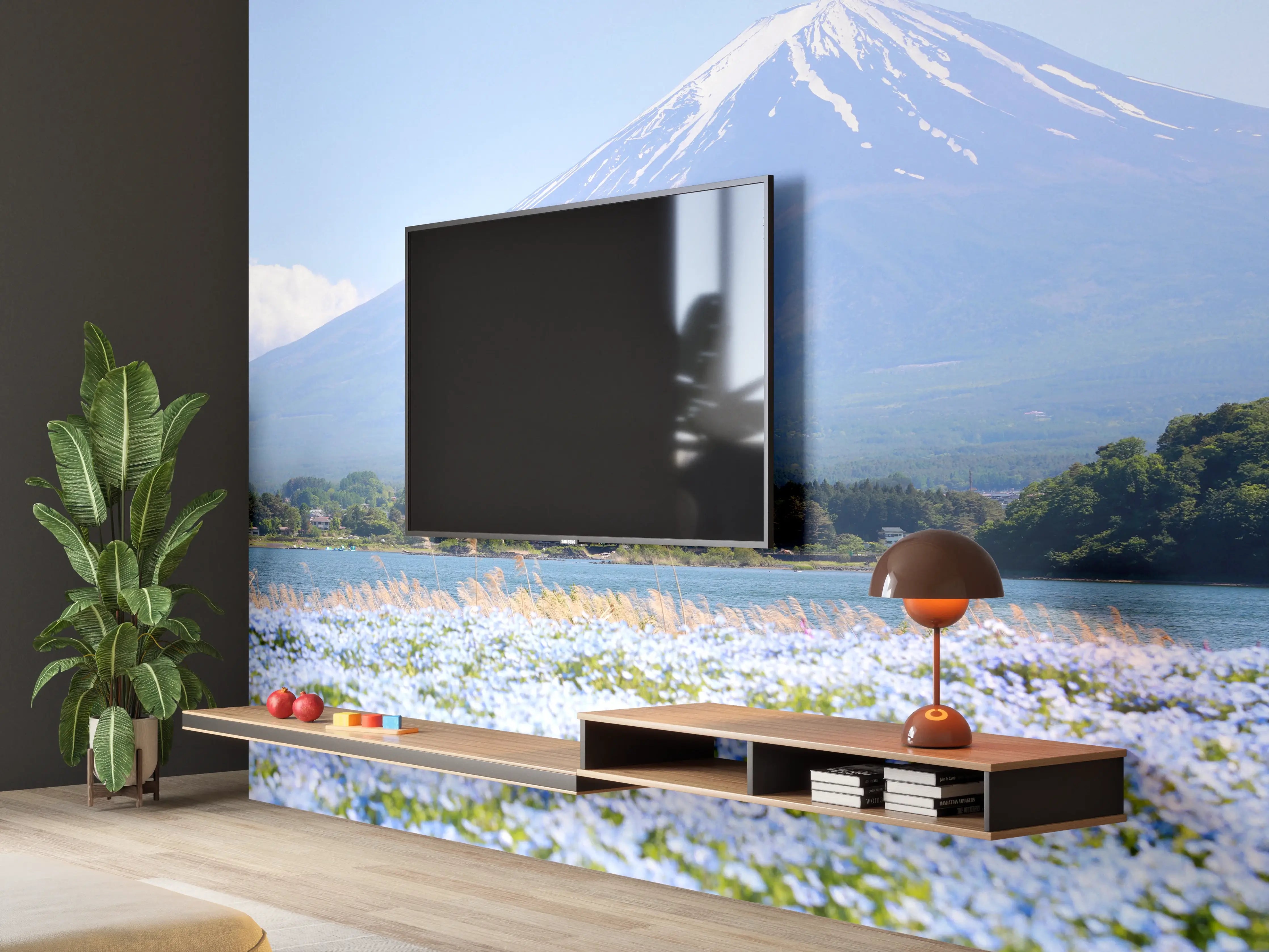 Wandverkleidung Wohnzimmer - Spektakulärer Blick auf den Fuji-san im Frühling