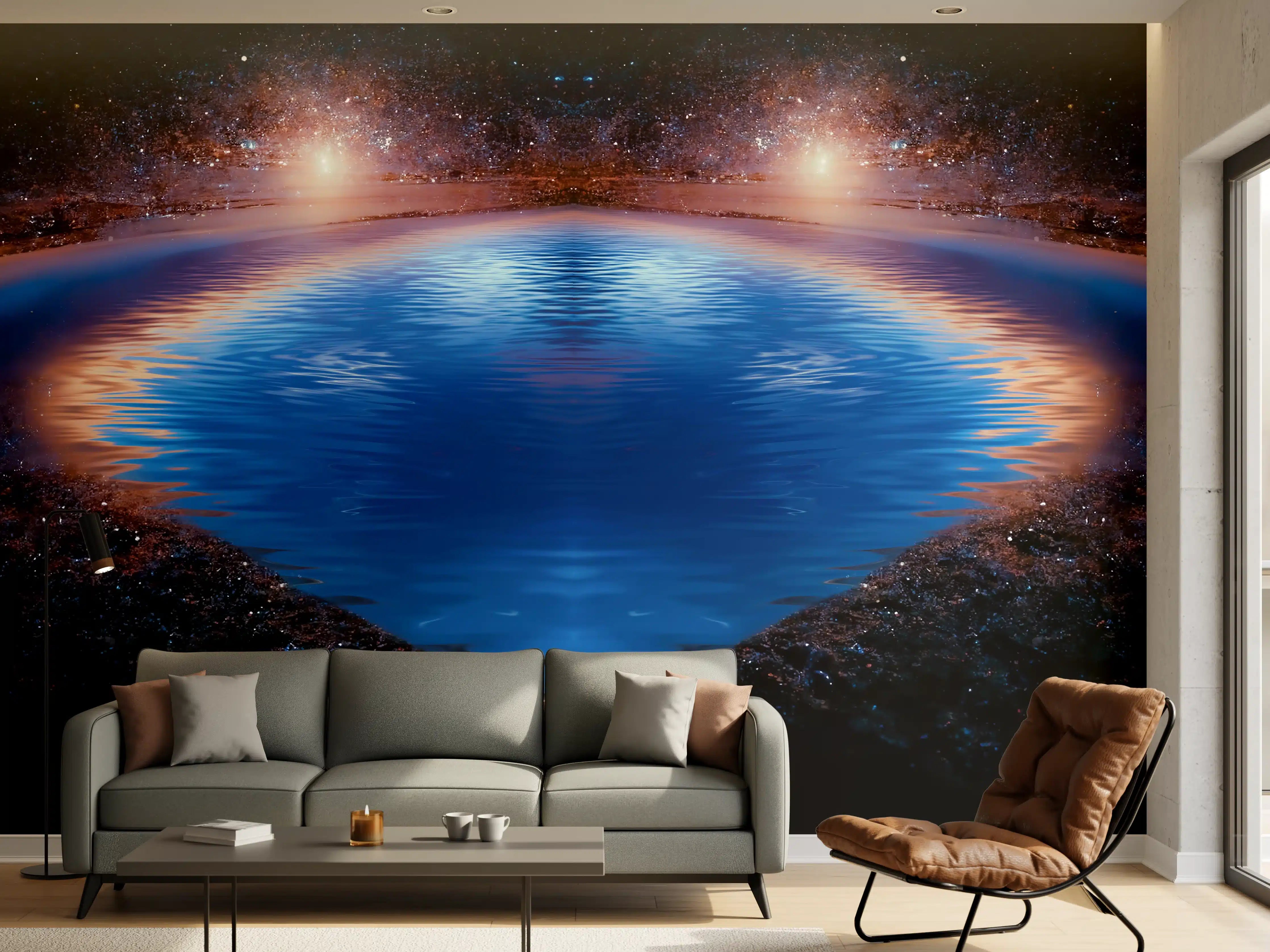 Wandverkleidung Wohnzimmer - Spektakulärer Blick ins Weltall mit Wasser-Reflexion